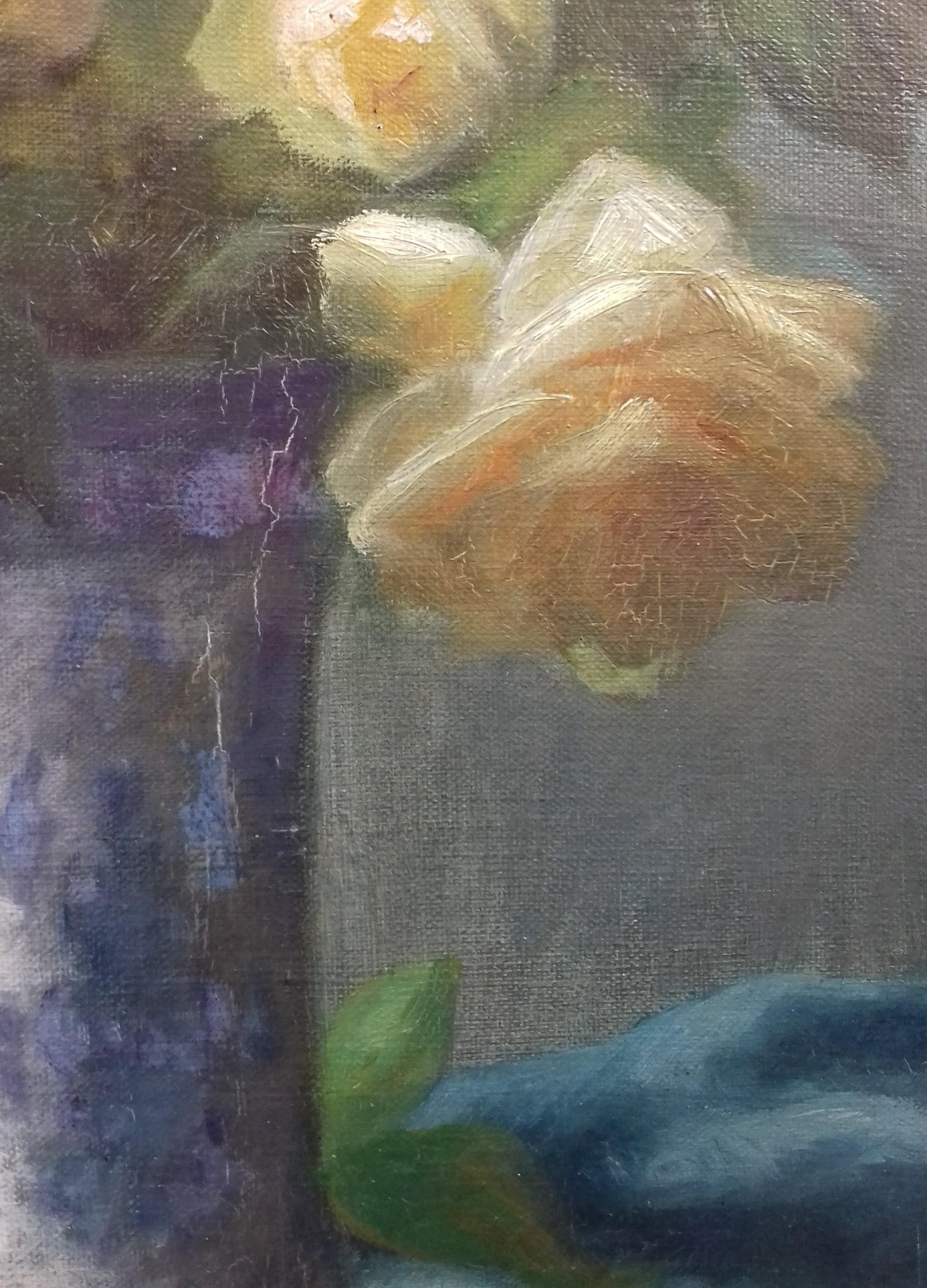 Bouquet Roses Floral Still Life French Art Nouveau period oil painting - Gray Still-Life Painting by Marthe Élisabeth Barbaud-Koch