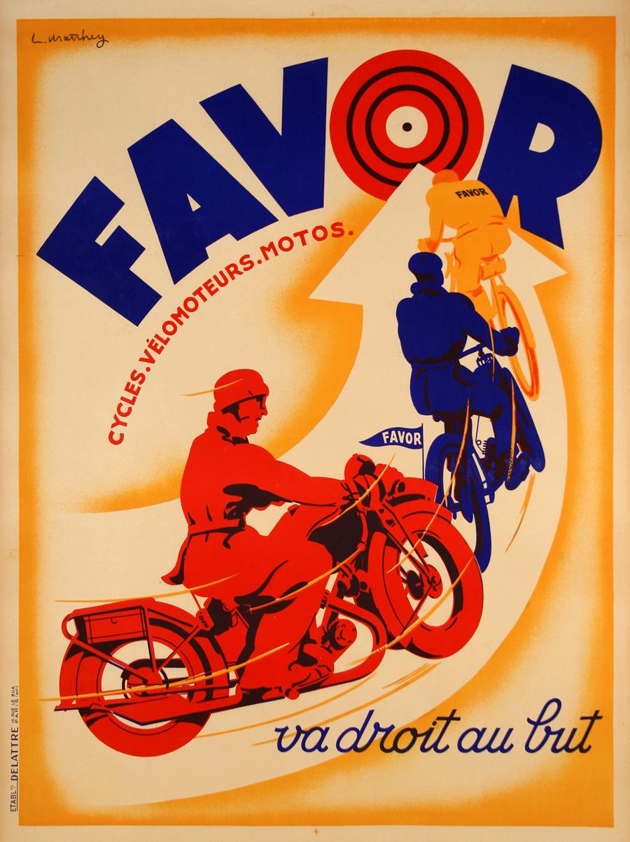 Cette publicité de Favor Cycles datant de C.C. est l'œuvre de L. Marthey. L'affiche représente un motocycliste, un scootériste et un cycliste suivant une trajectoire fléchée. Le message de cette pièce est que, quel que soit votre véhicule, Favor