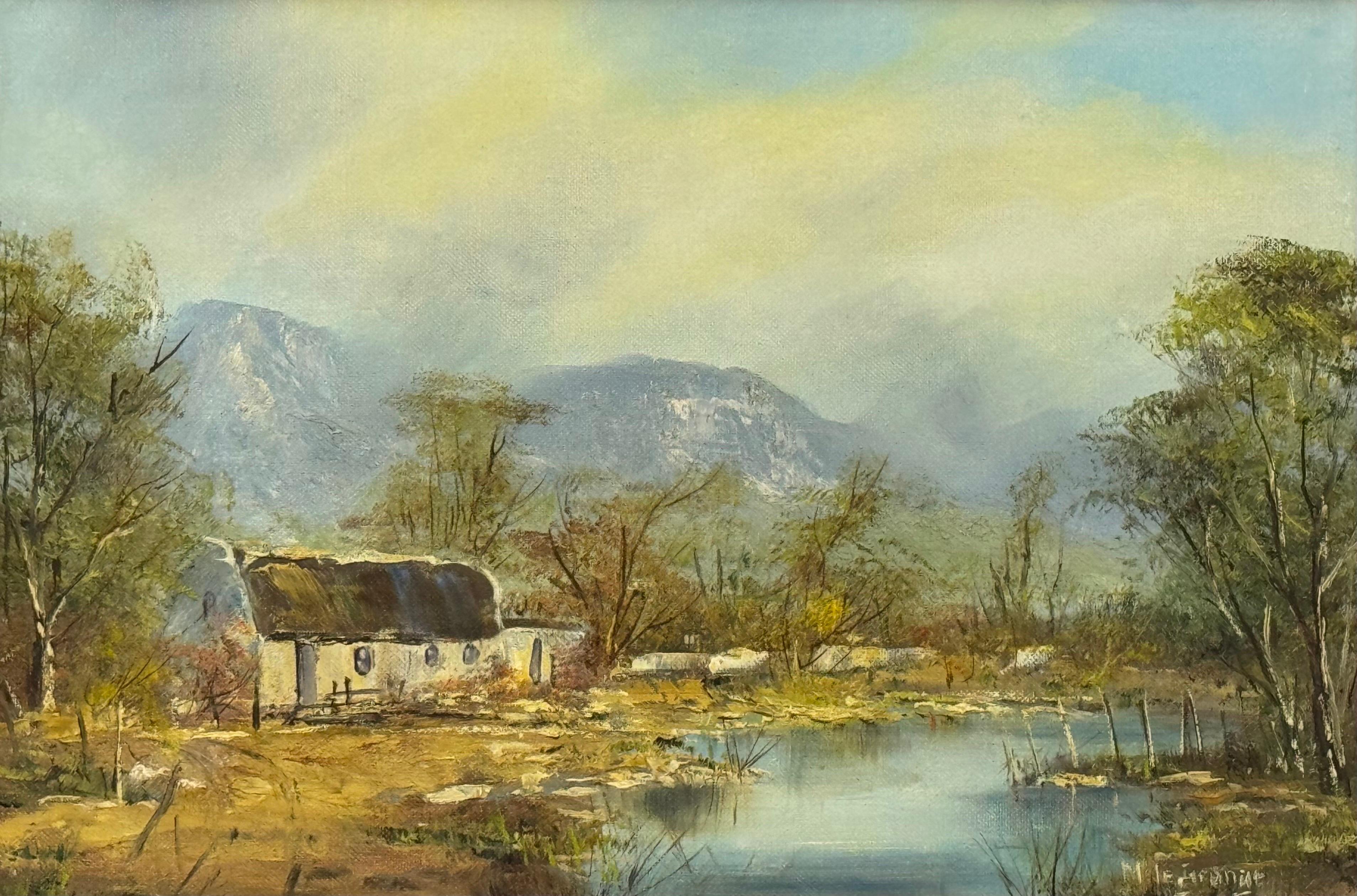 Dipinto a olio d'epoca raffigurante un cottage vicino a un fiume nelle montagne del Sudafrica in vendita 9