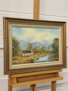 Vintage Oil Painting of Cottage by a River in the Mountains of South Africa