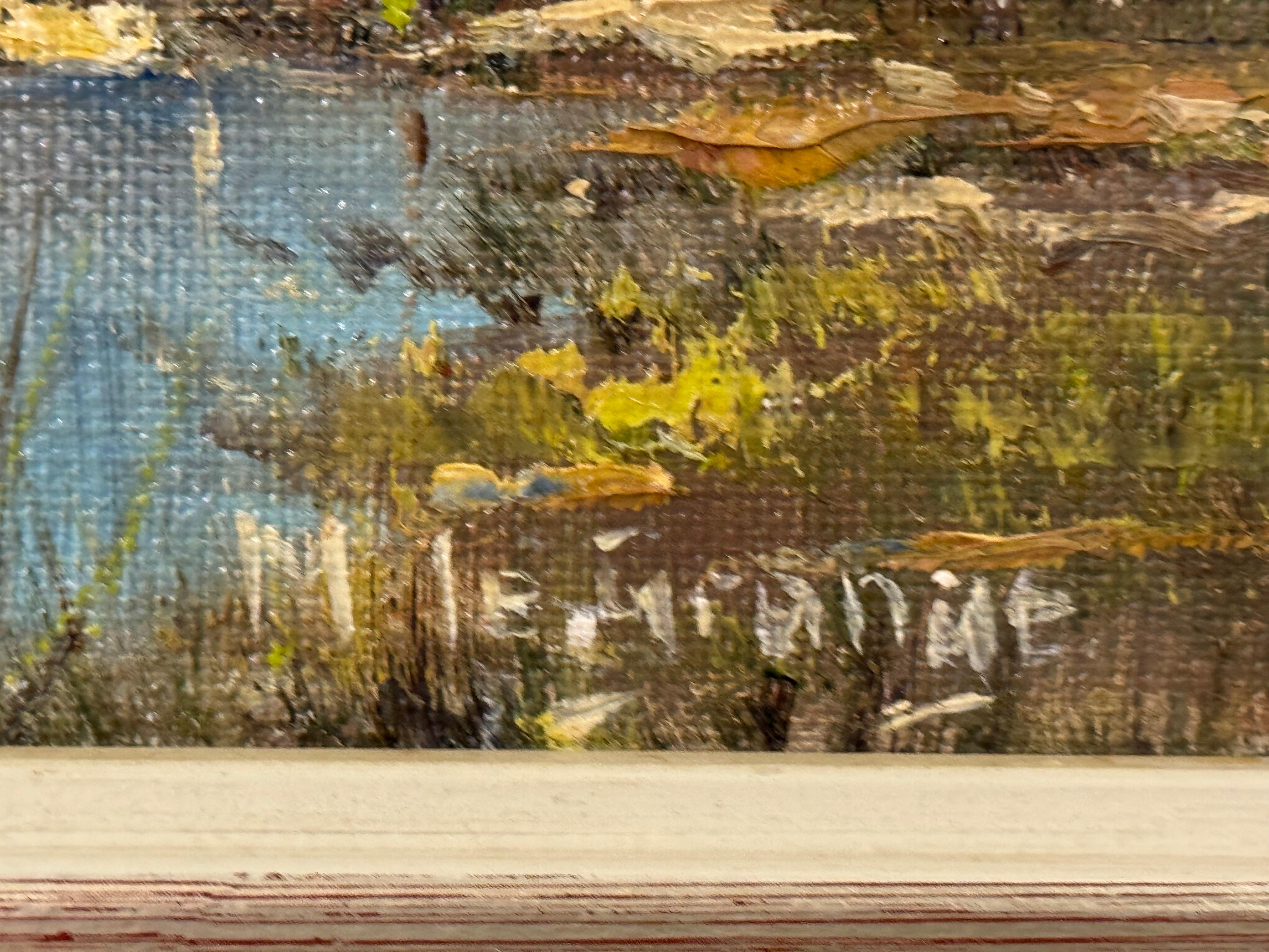 Quadro a olio d'epoca raffigurante un cottage vicino a un fiume nelle montagne del Sudafrica, opera dell'artista sudafricano Marthinus la Grange (1920-1999) 

L'arte misura 18 x 12 pollici 
La cornice misura 23 x 17 pollici  

