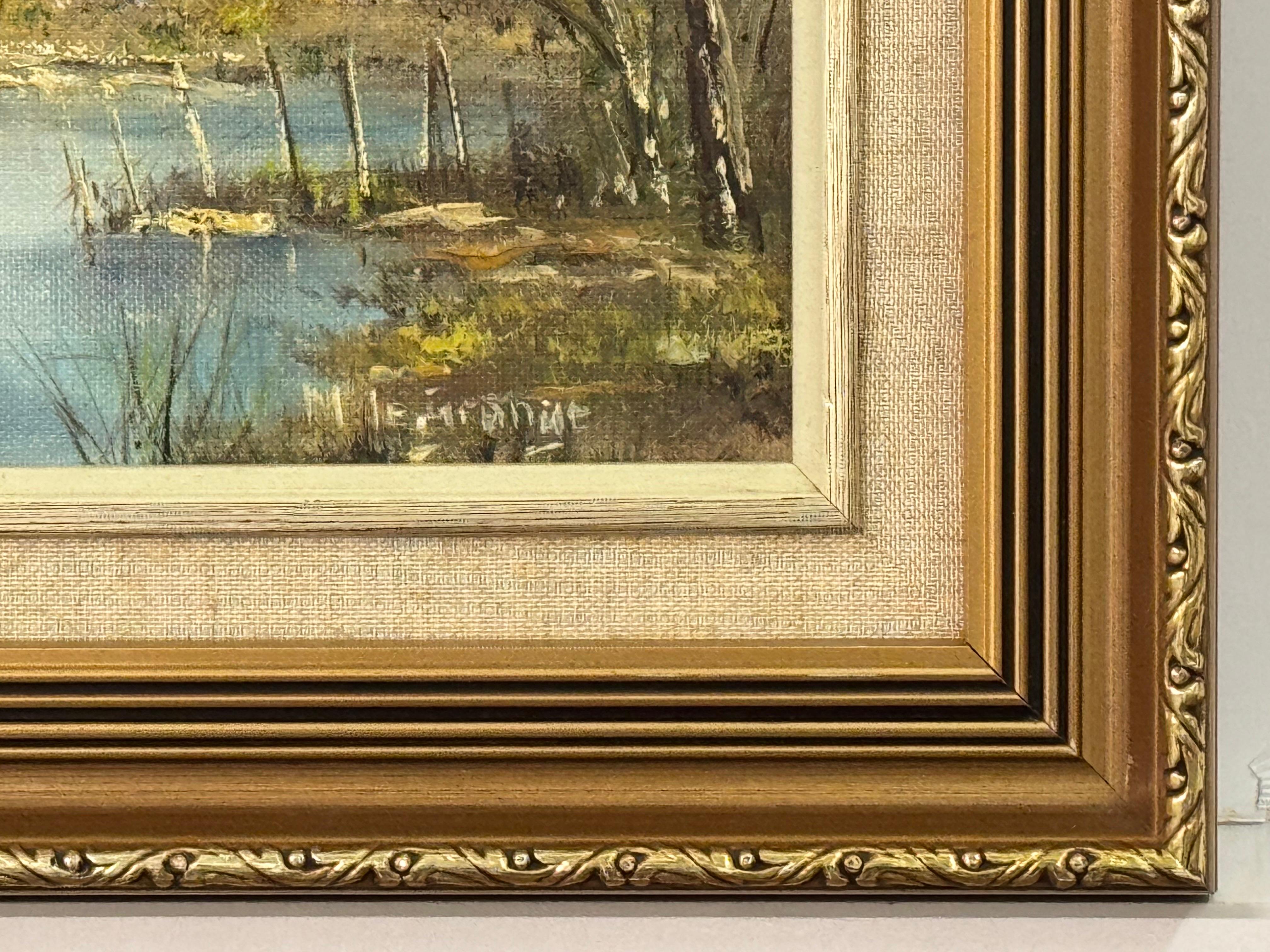 Dipinto a olio d'epoca raffigurante un cottage vicino a un fiume nelle montagne del Sudafrica in vendita 1