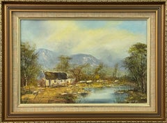 Vintage Oil Painting of Cottage by a River in the Mountains of South Africa