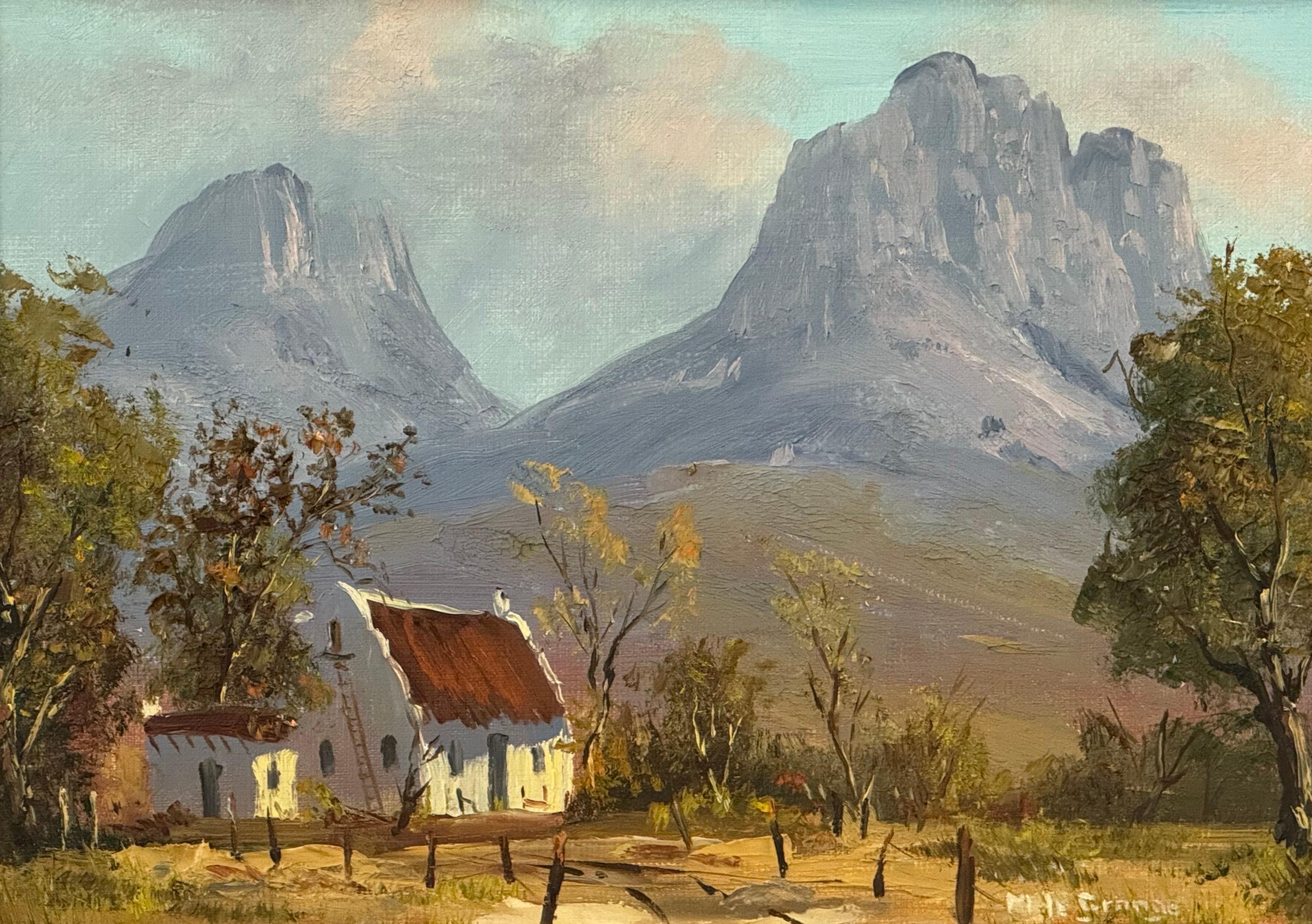 Pintura al óleo vintage de una cabaña remota en las dramáticas montañas de Sudáfrica en venta 5