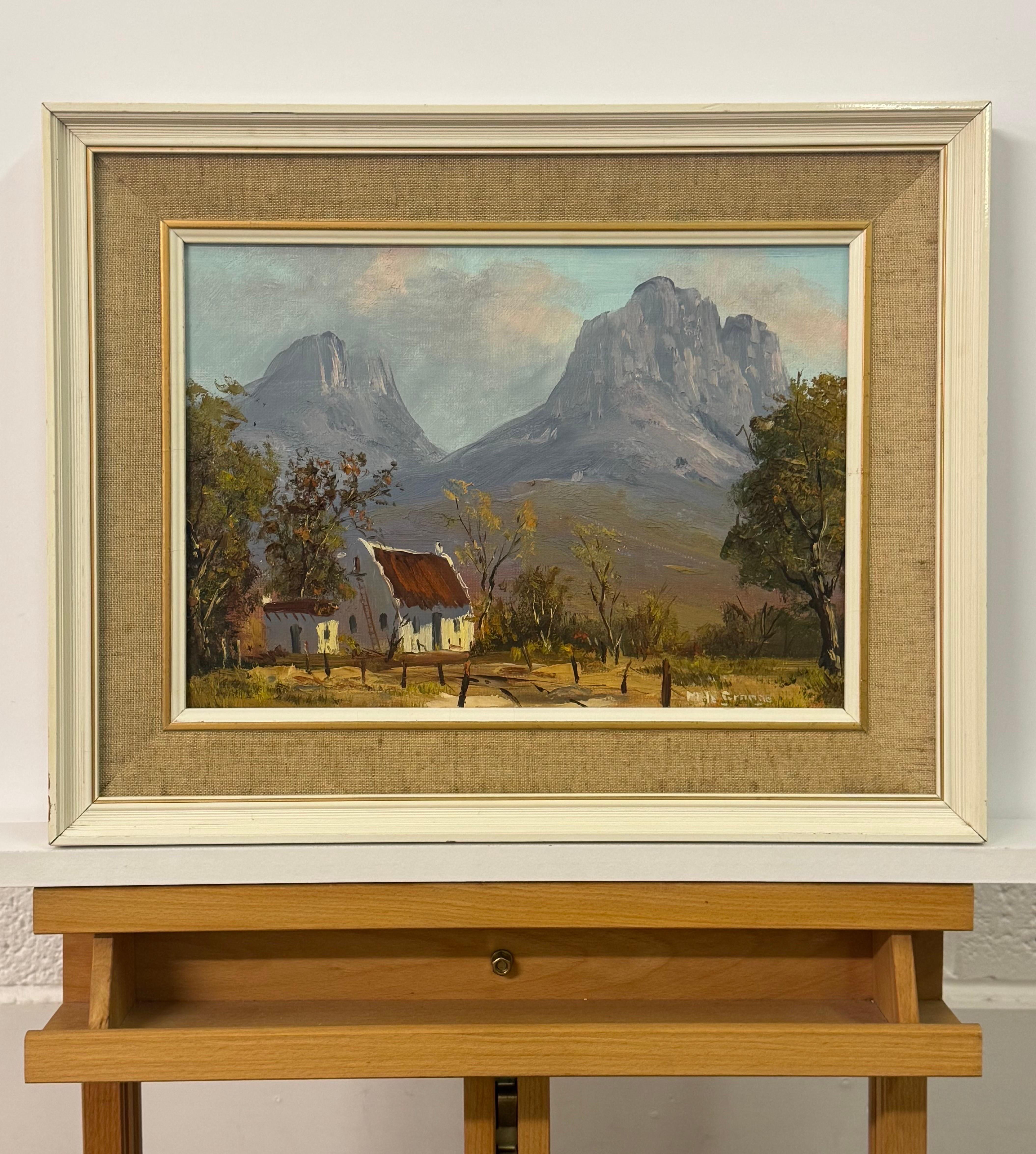 Pintura al óleo vintage de una cabaña remota en las dramáticas montañas de Sudáfrica - Painting Impresionista de Marthinus la Grange