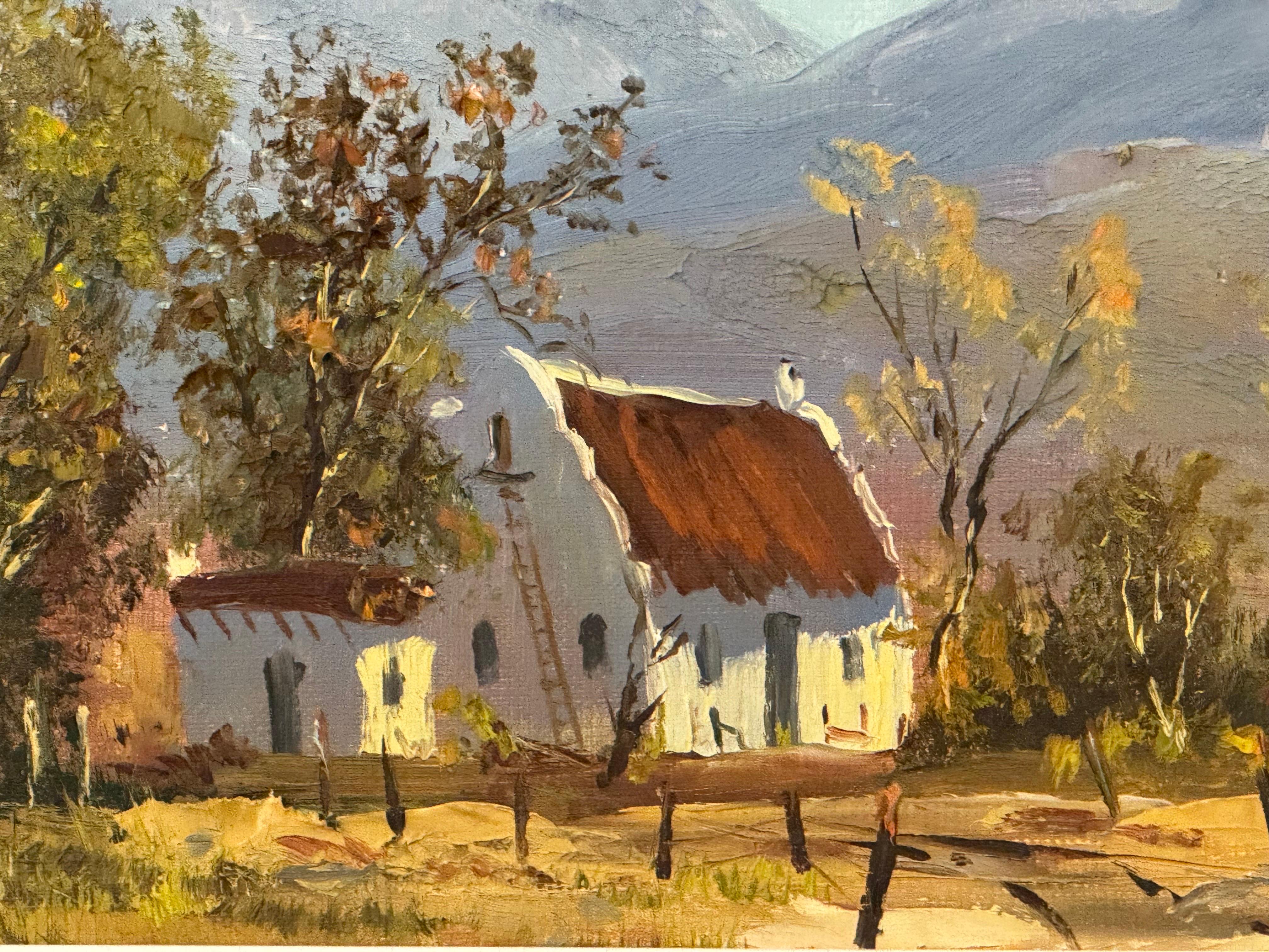 Pintura al óleo vintage de una cabaña remota en las dramáticas montañas de Sudáfrica, por el artista sudafricano Marthinus la Grange (1920-1999) 

El arte mide 14 x 10 pulgadas 
El marco mide 18,5 x 14,5 pulgadas 


