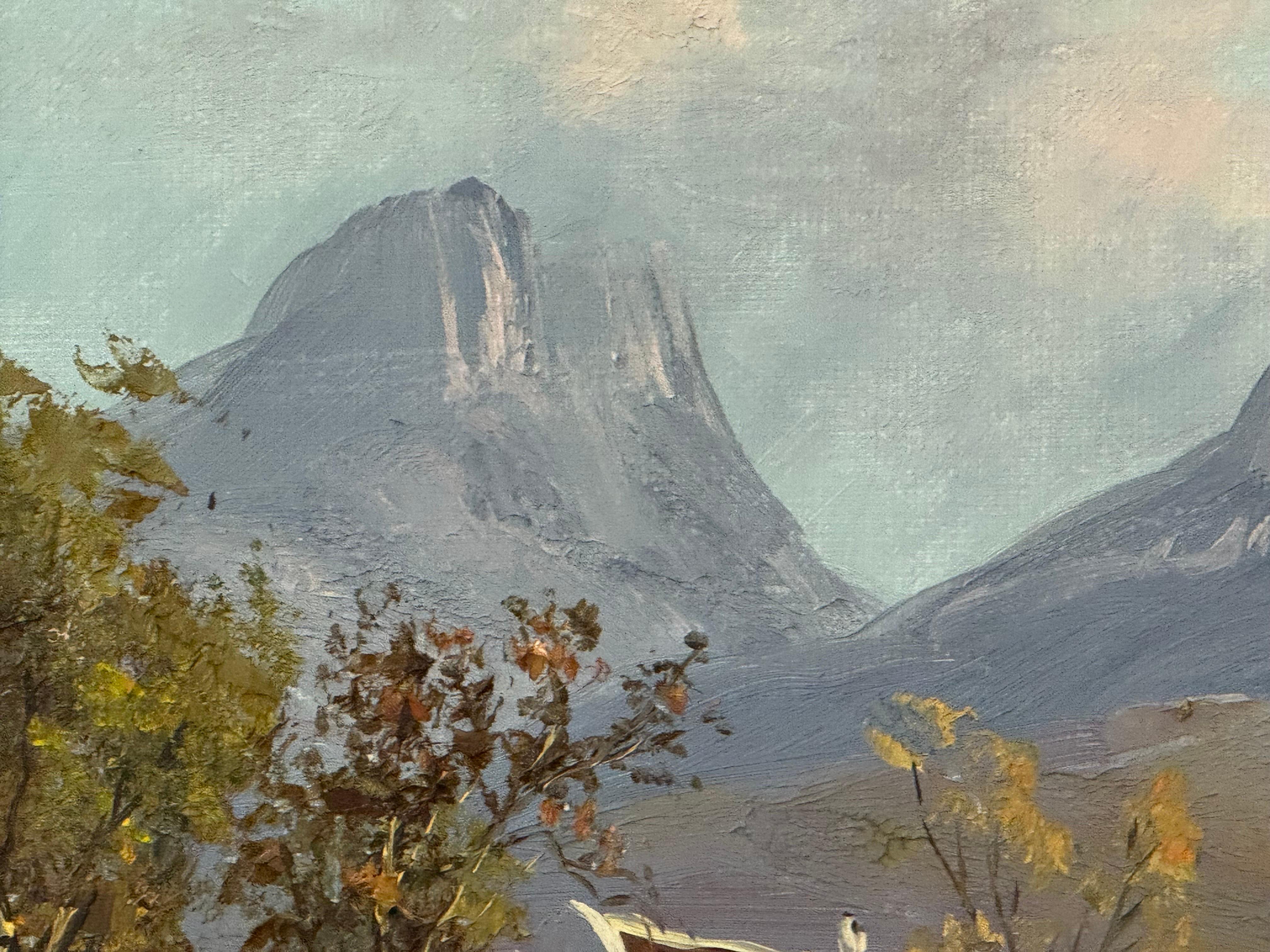 Pintura al óleo vintage de una cabaña remota en las dramáticas montañas de Sudáfrica en venta 4