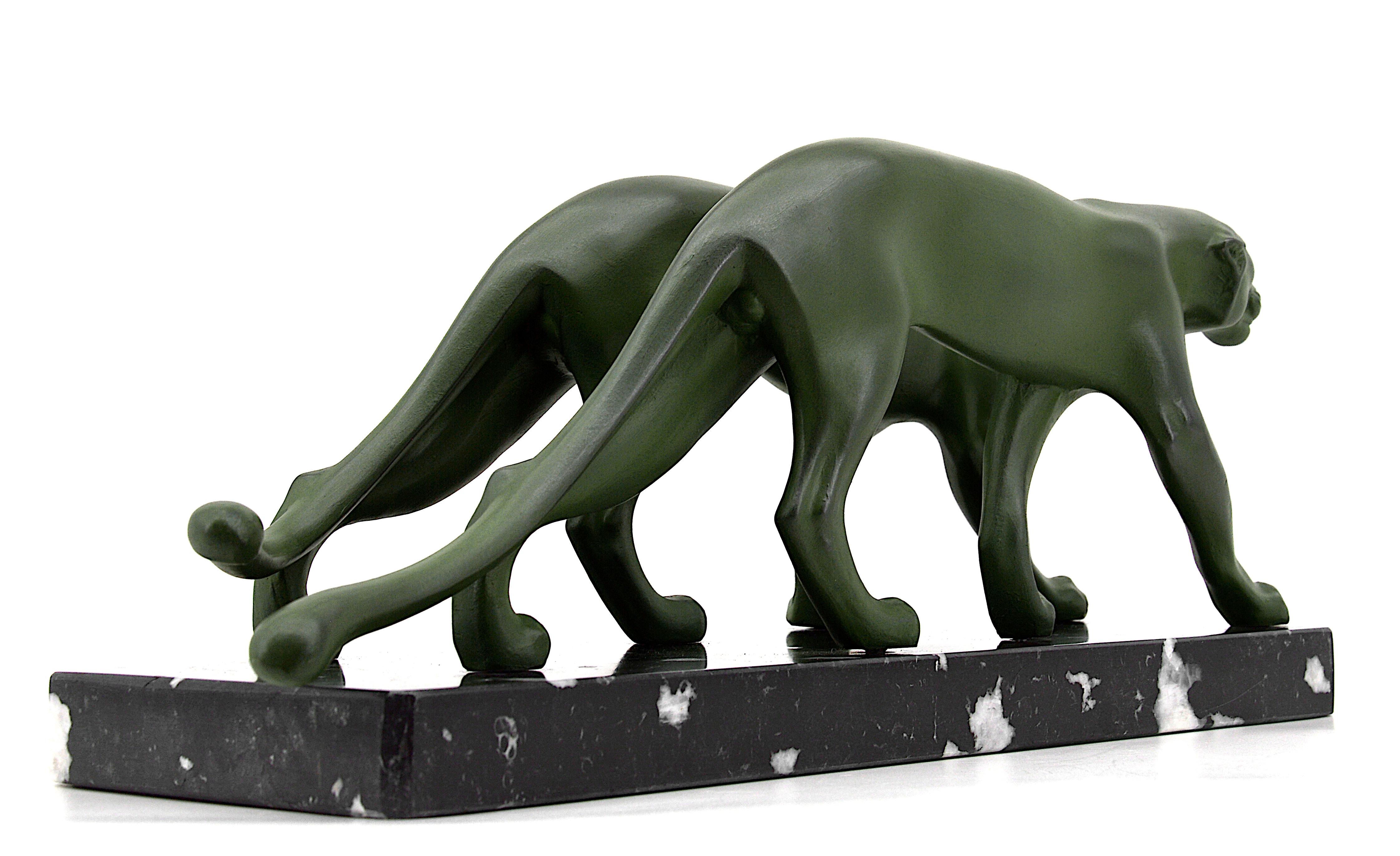 Spelter Marti Font French Art Deco Panther Couple Sculpture, 1930s