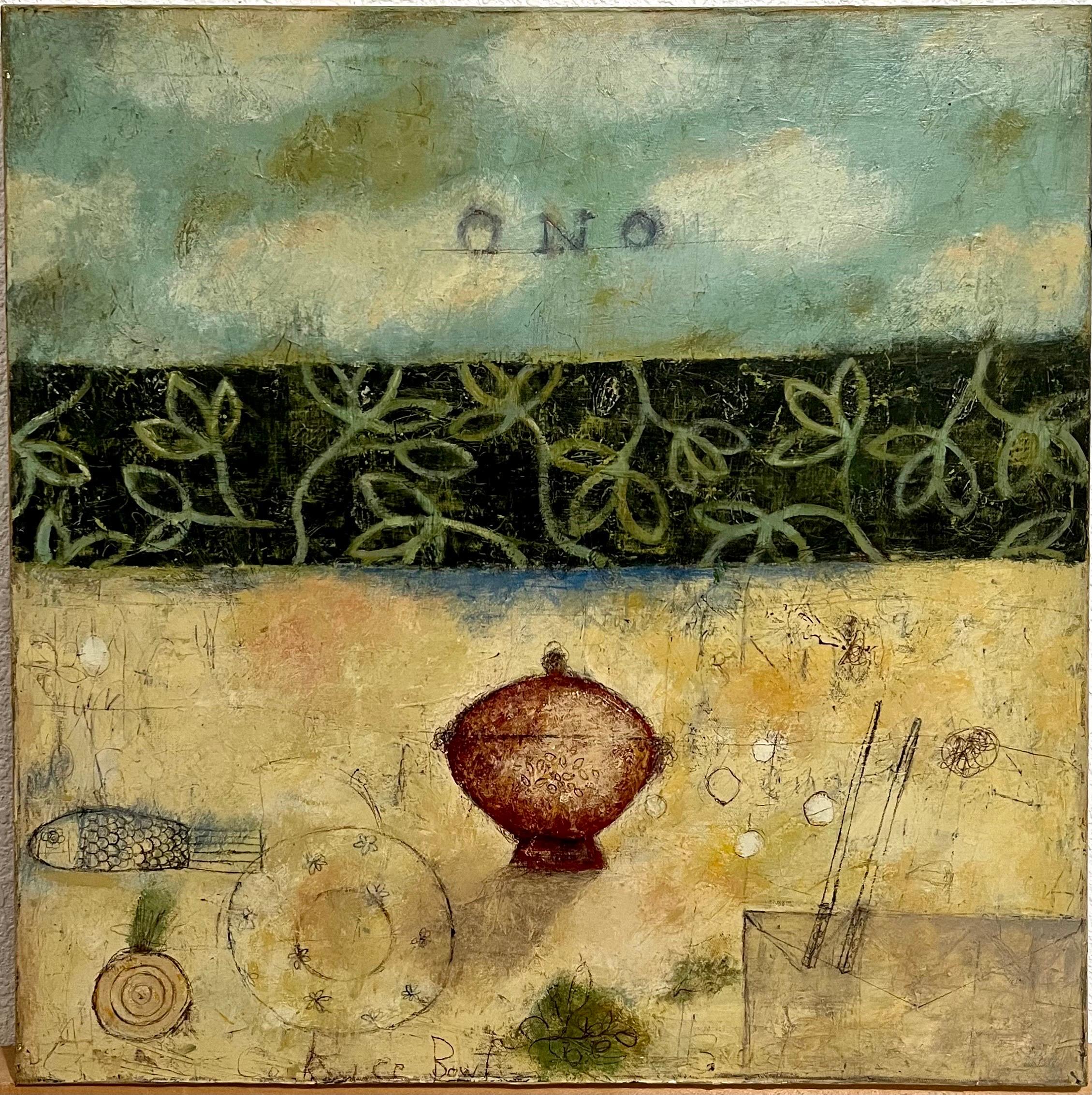 Marti Somers
Rice Bowl (an Asian inspired image with chopsticks and a bowl of rice) with fish. hand written poem verso.
24 X 24 inches

A California artist, Somers received her BFA at the University of Hawaii. She returned to California
and worked