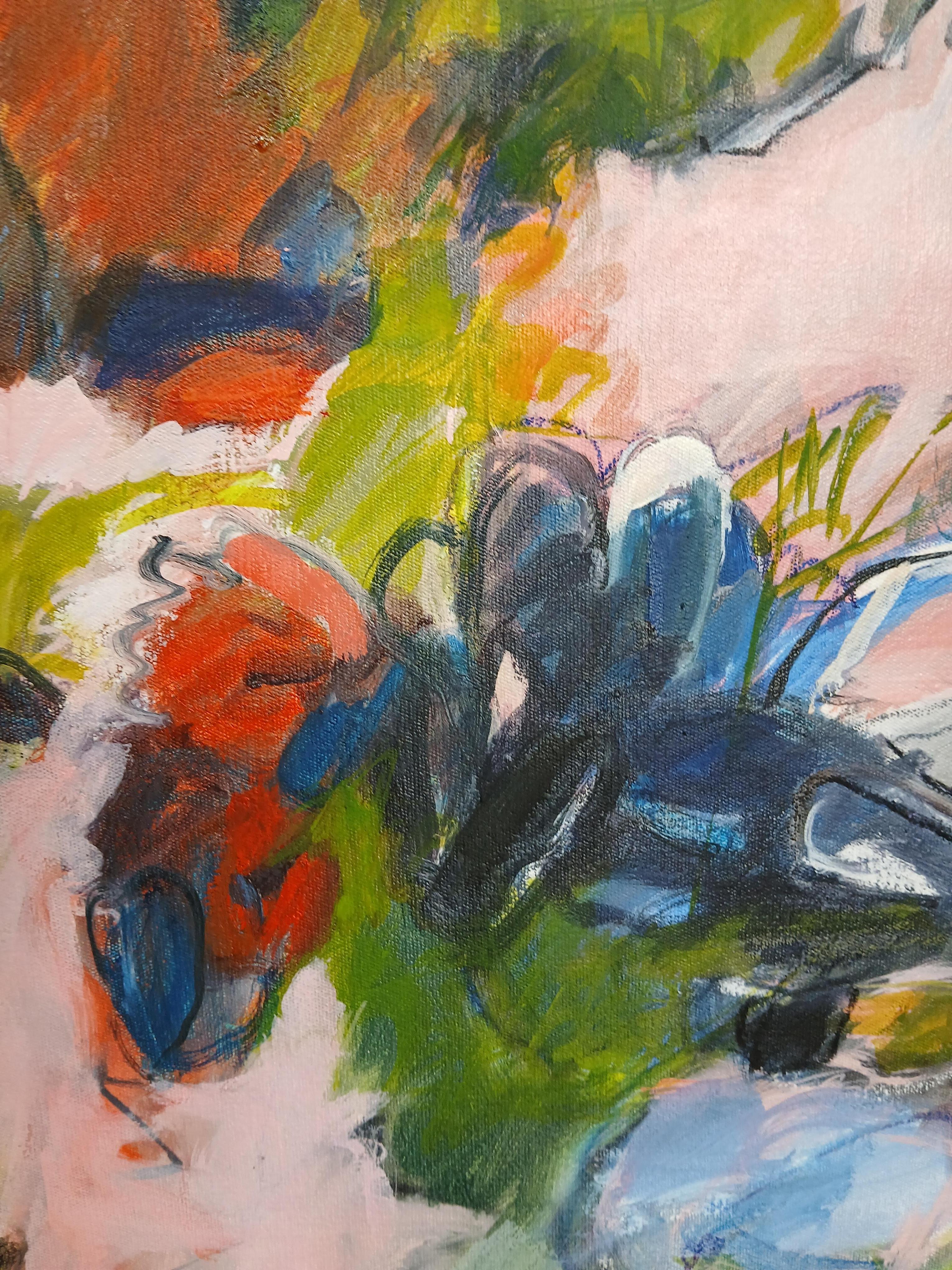 Grande peinture florale abstraite colorée à l'huile sur toile dans les tons pastel en vente 5