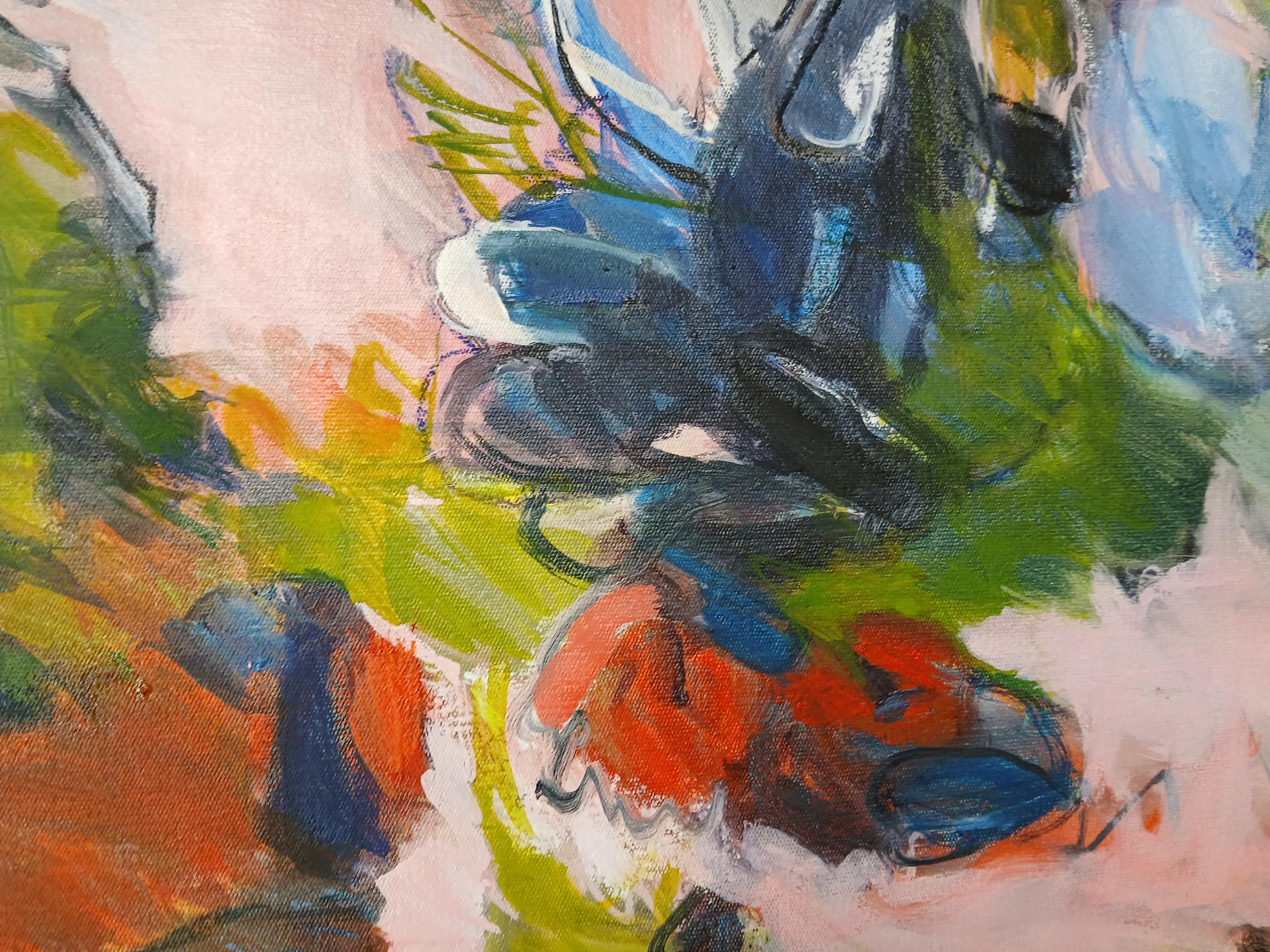 Large Colourful Abstract Oil on Canvas Floral Painting With Pastel Tones For Sale 7