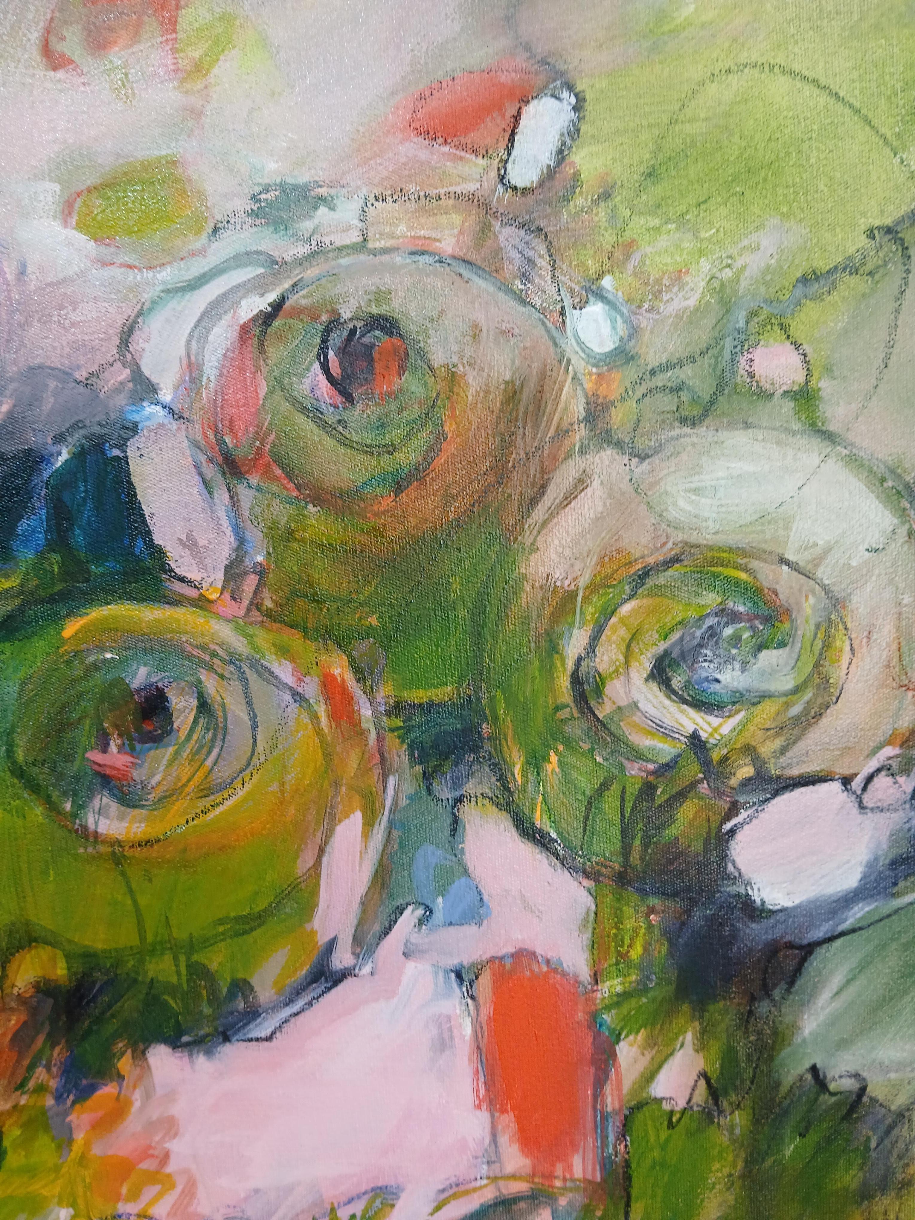Grande peinture florale abstraite colorée à l'huile sur toile dans les tons pastel en vente 7