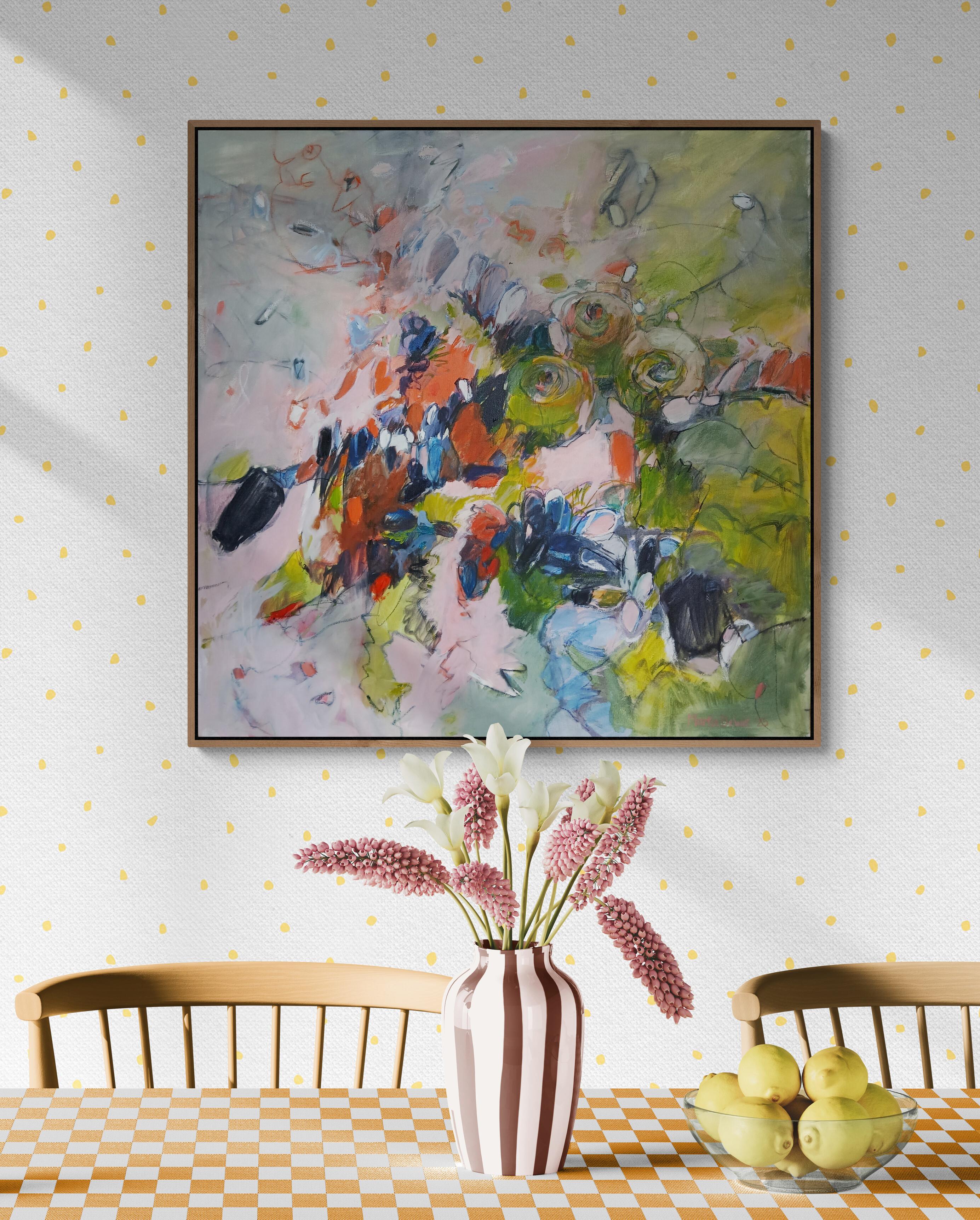 Large Colourful Abstract Oil on Canvas Floral Painting With Pastel Tones For Sale 10