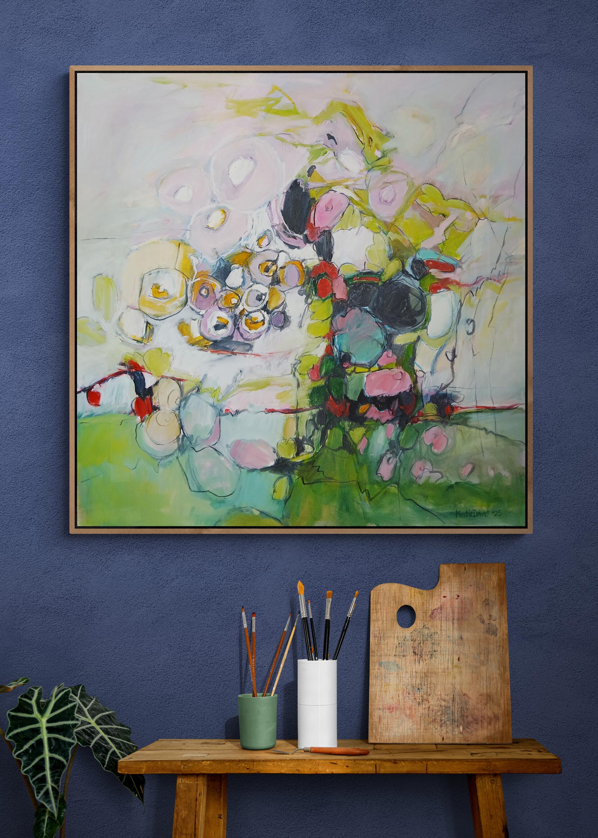 Large Colourful Abstract Oil on Canvas Floral Painting With Pastel Tones (Grau), Landscape Painting, von Martie de Wet