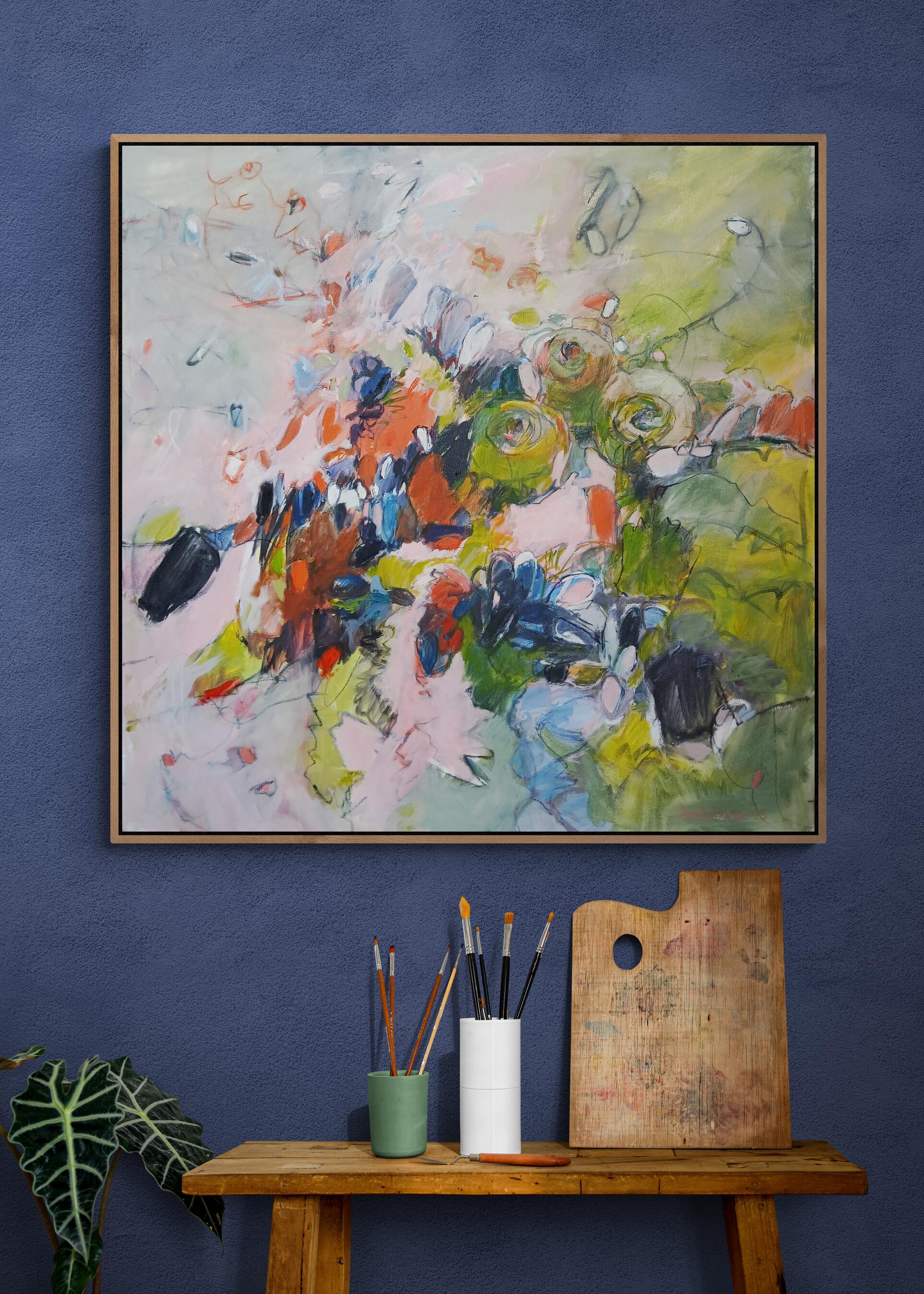 Large Colourful Abstract Oil on Canvas Floral Painting With Pastel Tones - Gray Landscape Painting by Martie de Wet