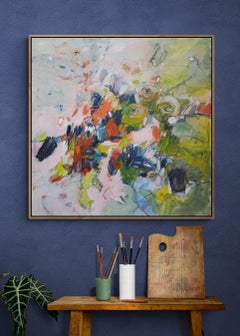 Grande dipinto floreale astratto a olio su tela con toni pastello