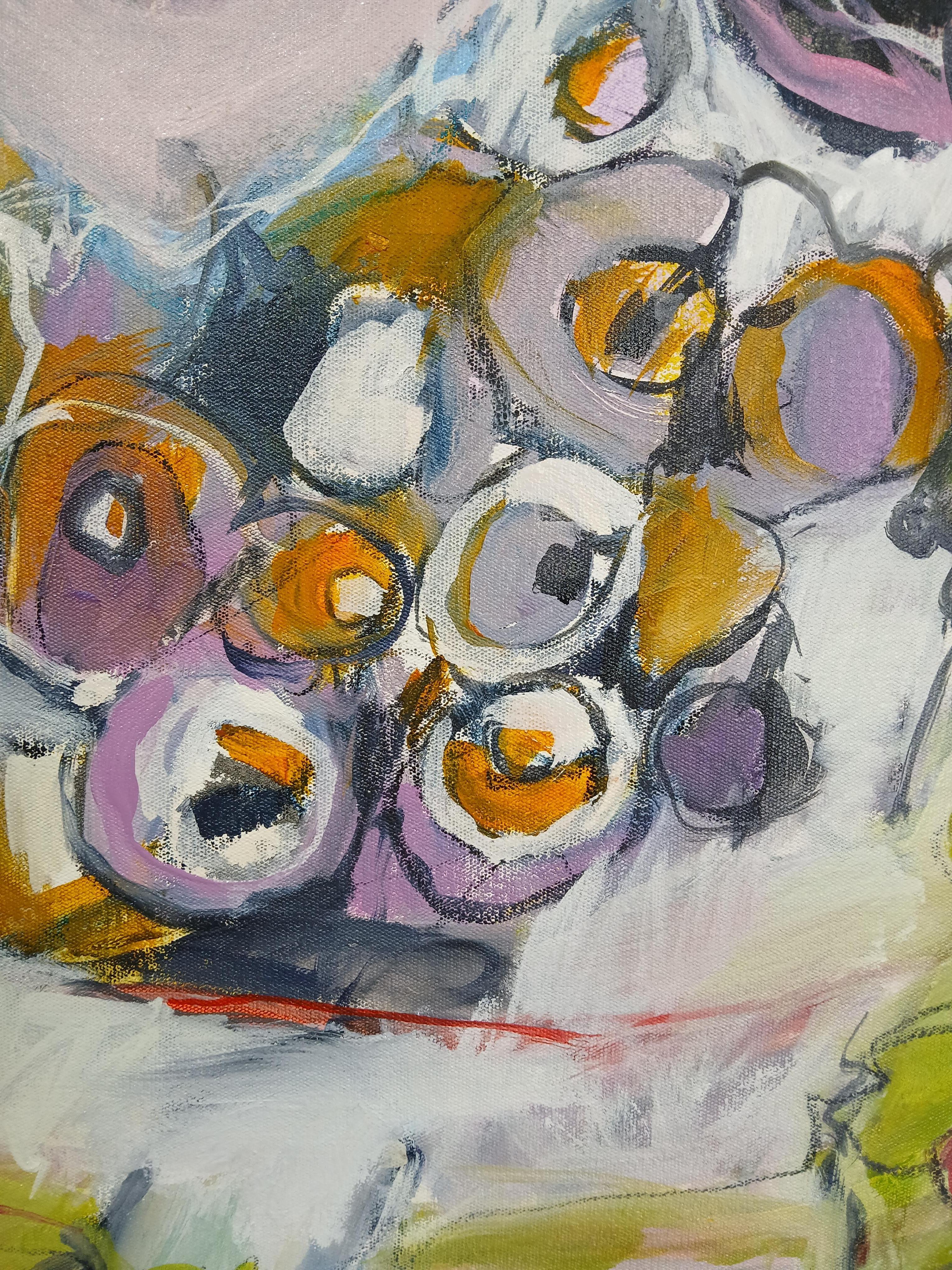 Grande peinture florale abstraite colorée à l'huile sur toile dans les tons pastel - Contemporain Painting par Martie de Wet