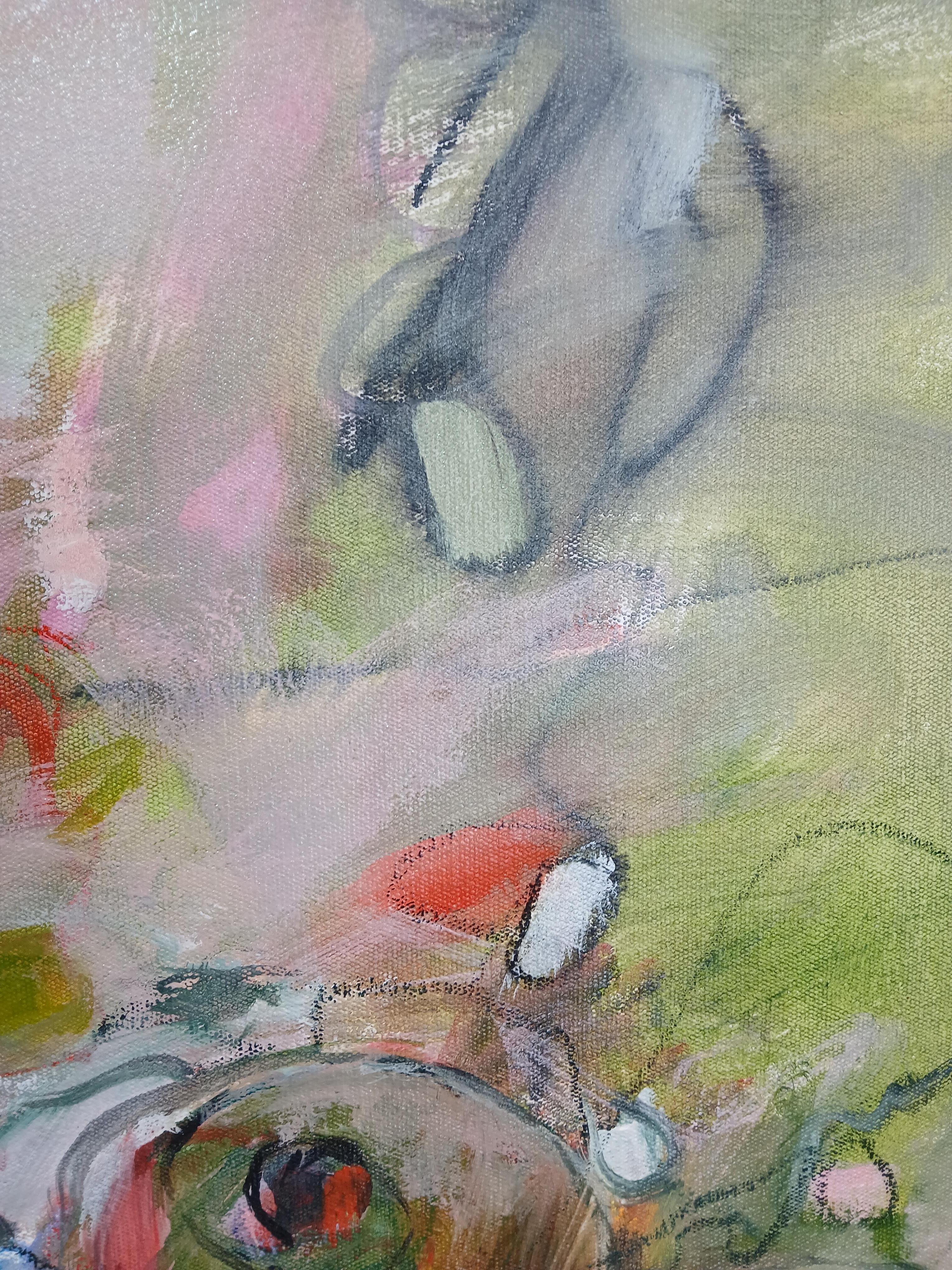 Grande peinture florale abstraite colorée à l'huile sur toile dans les tons pastel - Contemporain Painting par Martie de Wet