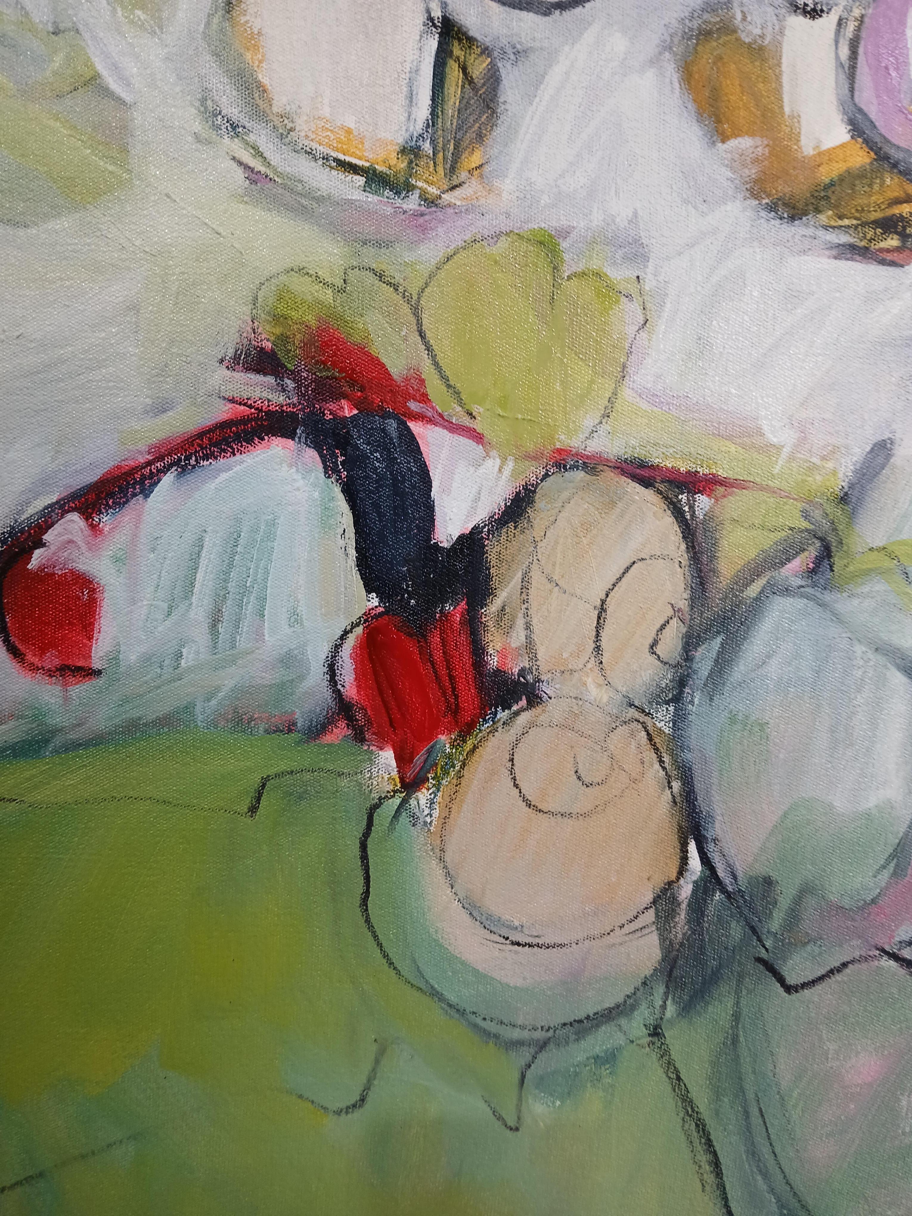 Grande peinture florale abstraite colorée à l'huile sur toile dans les tons pastel - Gris Landscape Painting par Martie de Wet