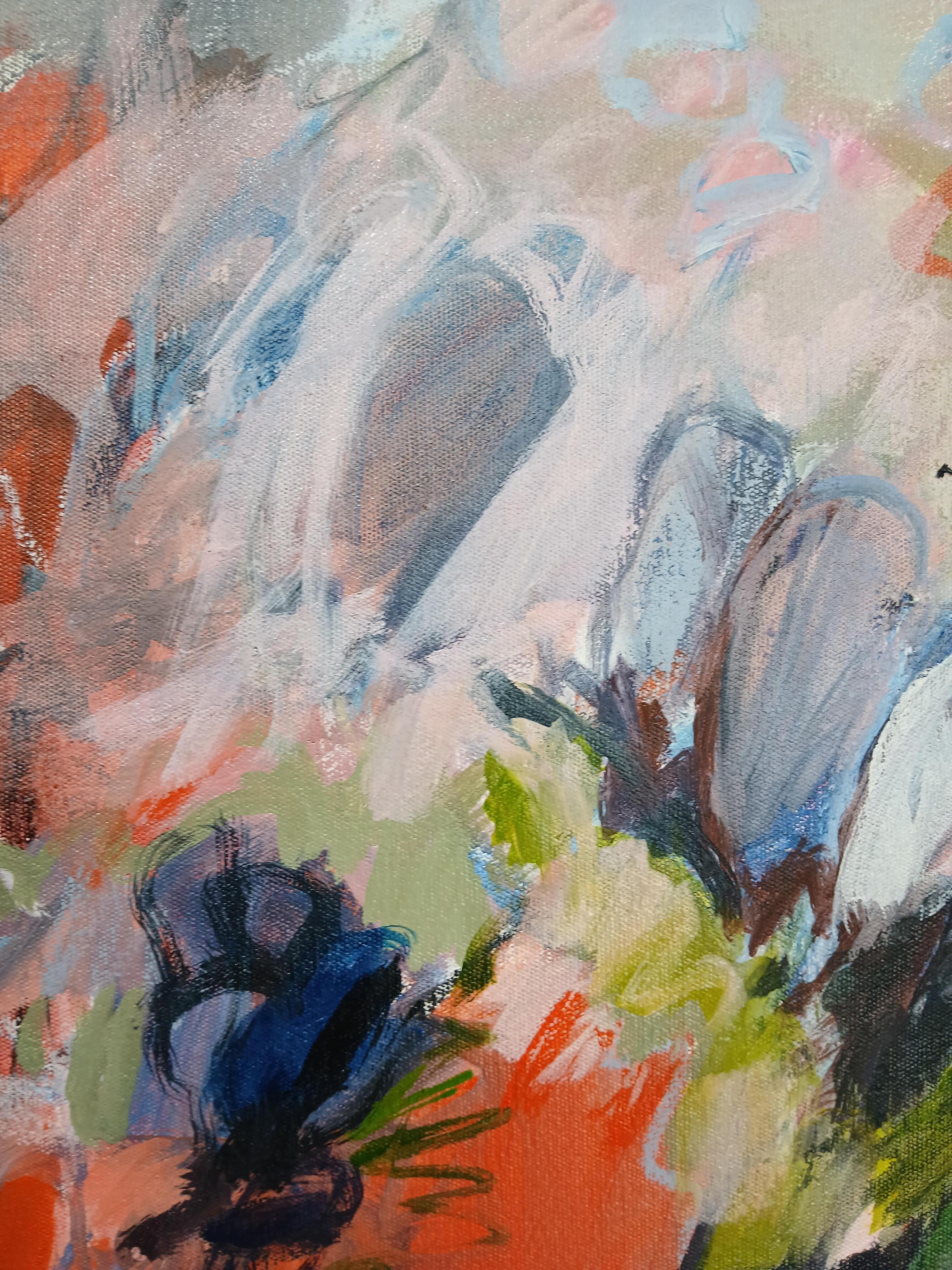 Grande peinture florale abstraite colorée à l'huile sur toile dans les tons pastel - Gris Landscape Painting par Martie de Wet