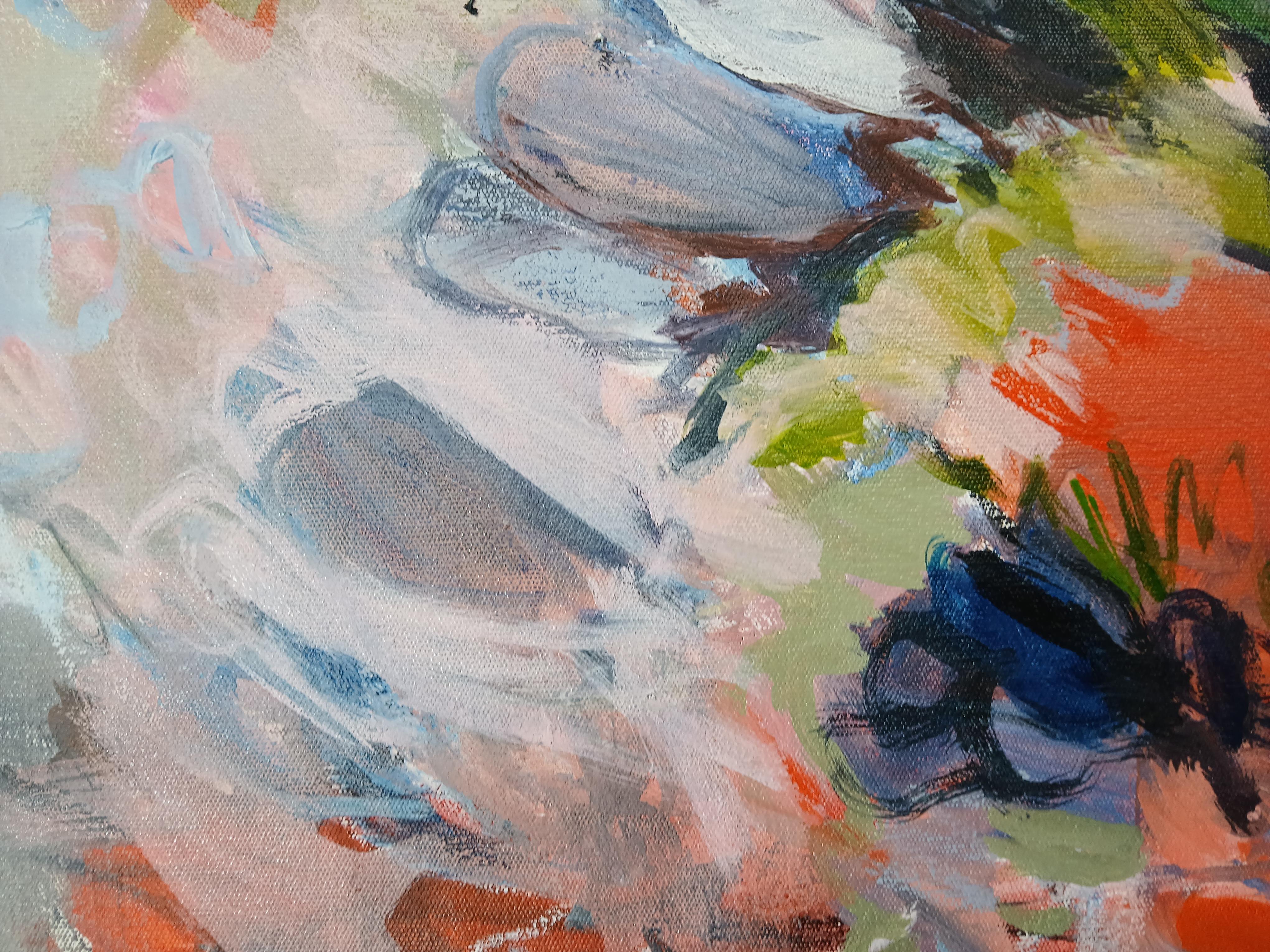 Large Colourful Abstract Oil on Canvas Floral Painting With Pastel Tones For Sale 1