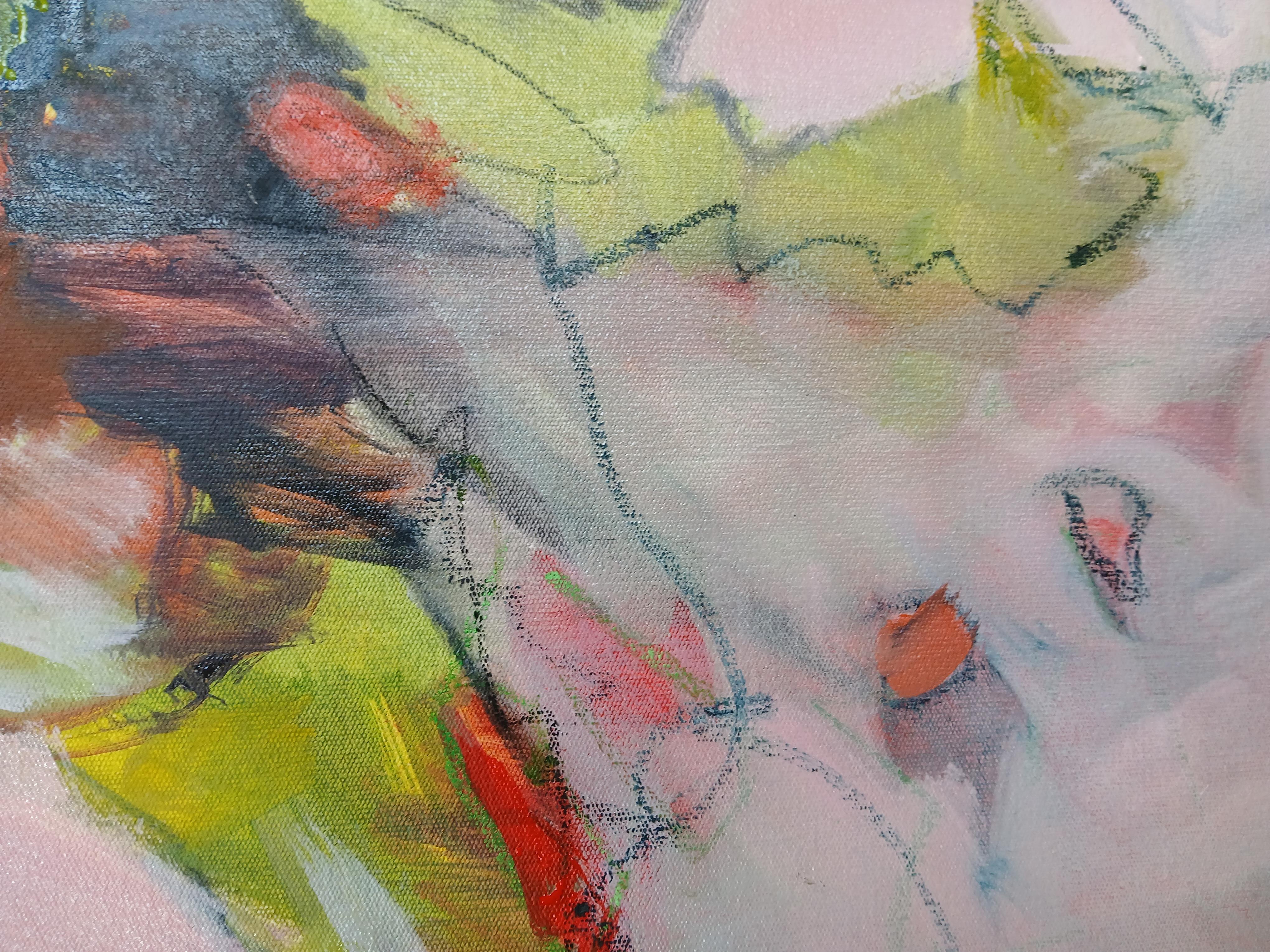 Large Colourful Abstract Oil on Canvas Floral Painting With Pastel Tones For Sale 2