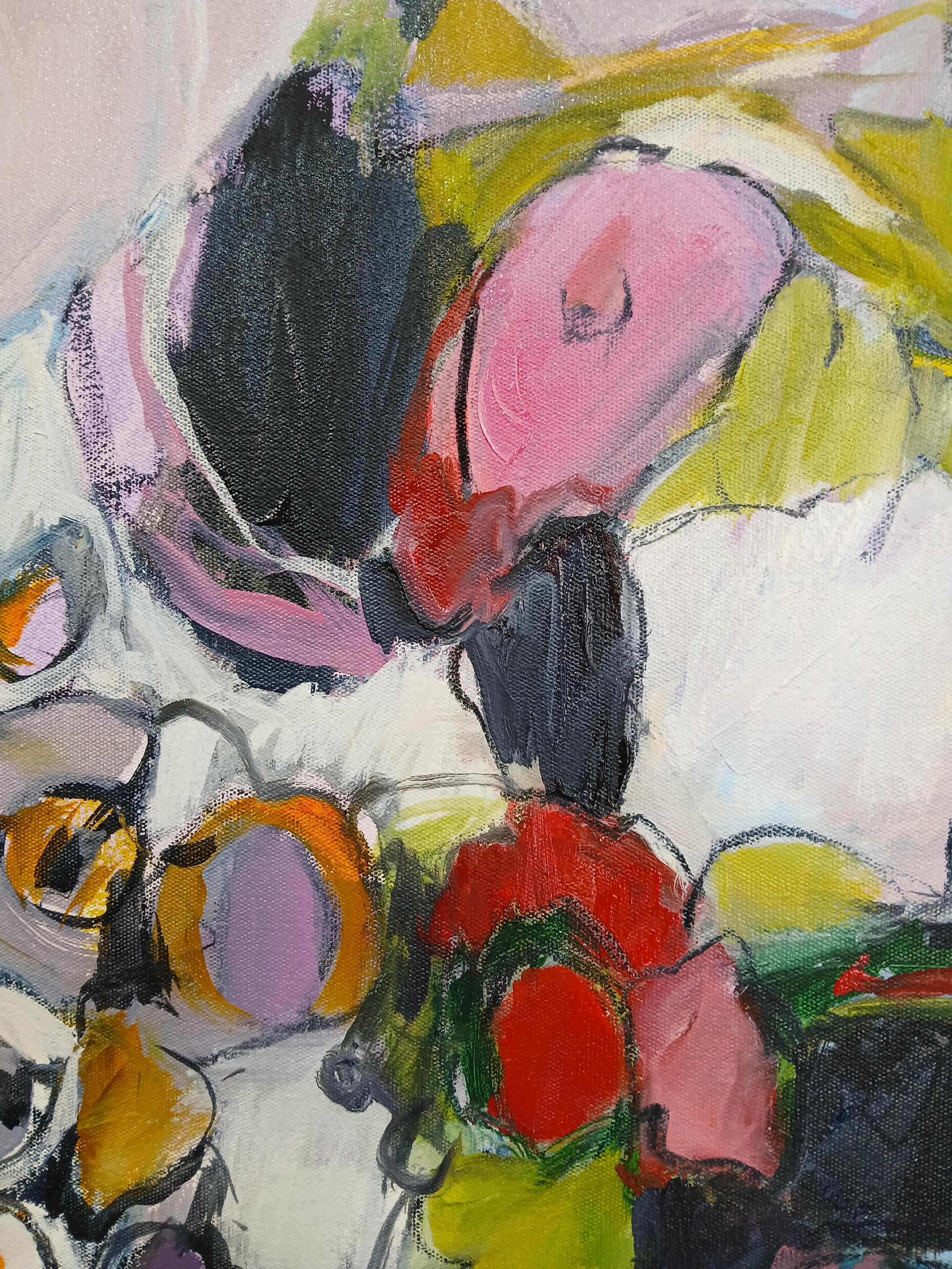 Grande peinture florale abstraite colorée à l'huile sur toile dans les tons pastel en vente 2