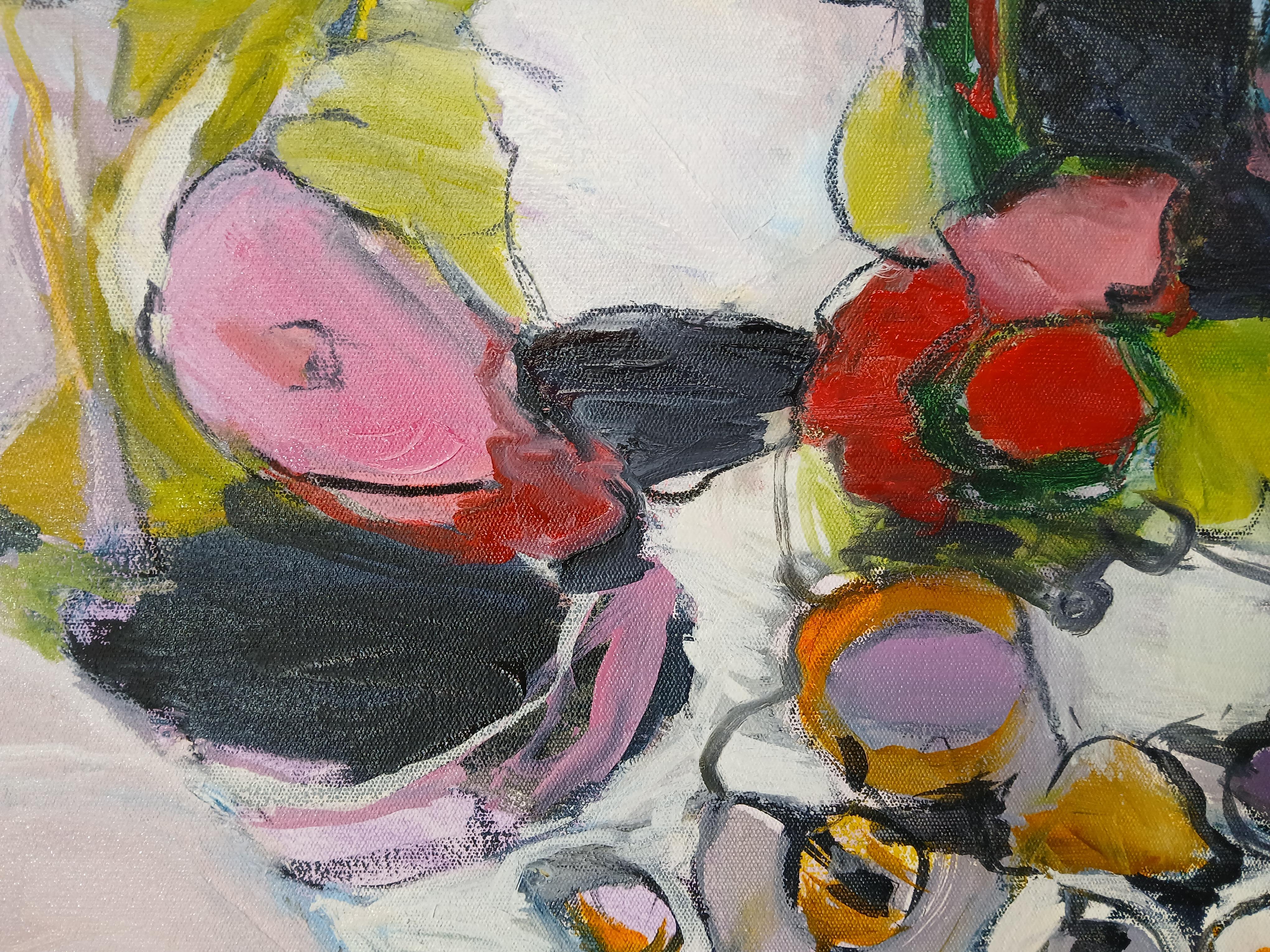 Large Colourful Abstract Oil on Canvas Floral Painting With Pastel Tones im Angebot 4