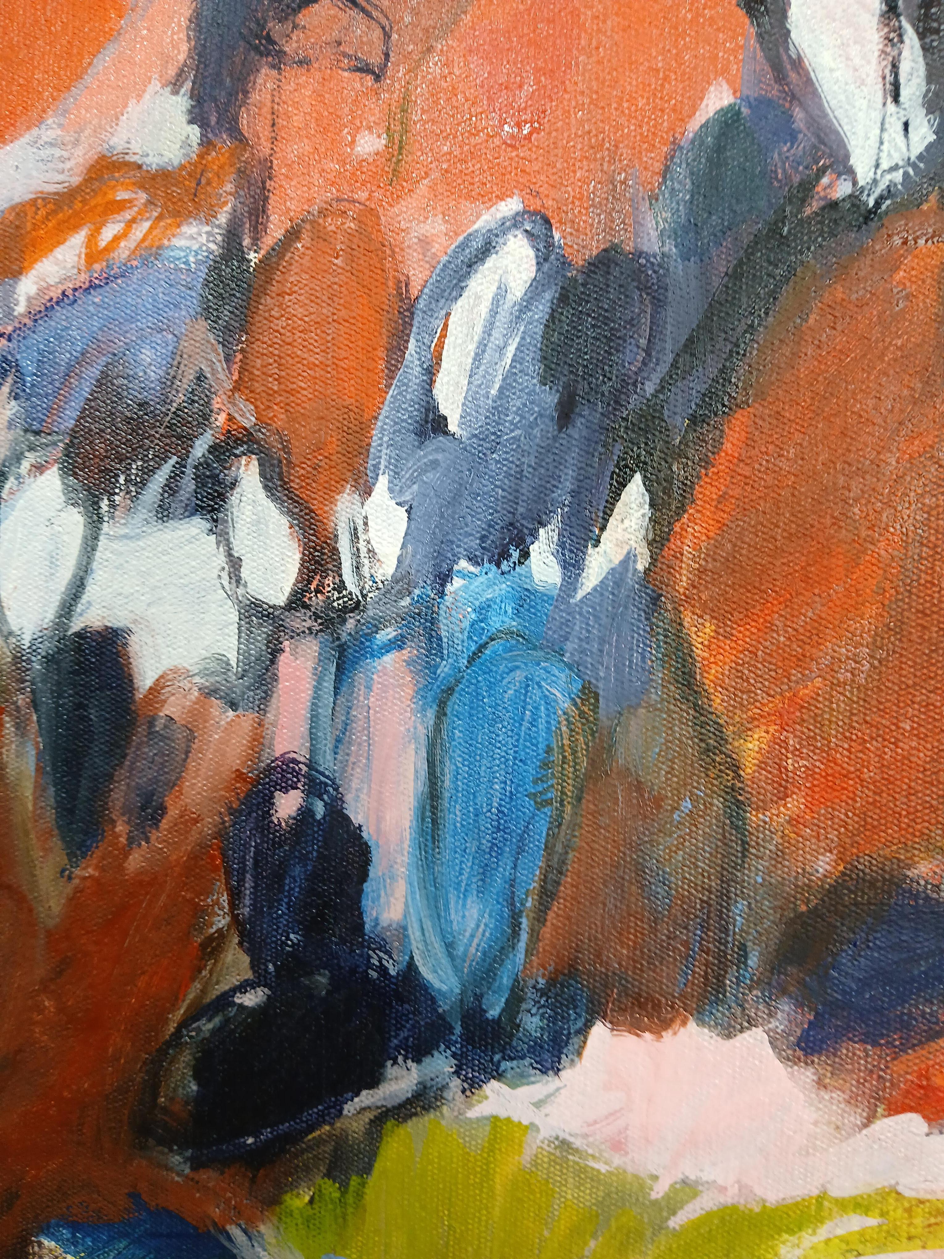 Grande peinture florale abstraite colorée à l'huile sur toile dans les tons pastel en vente 2