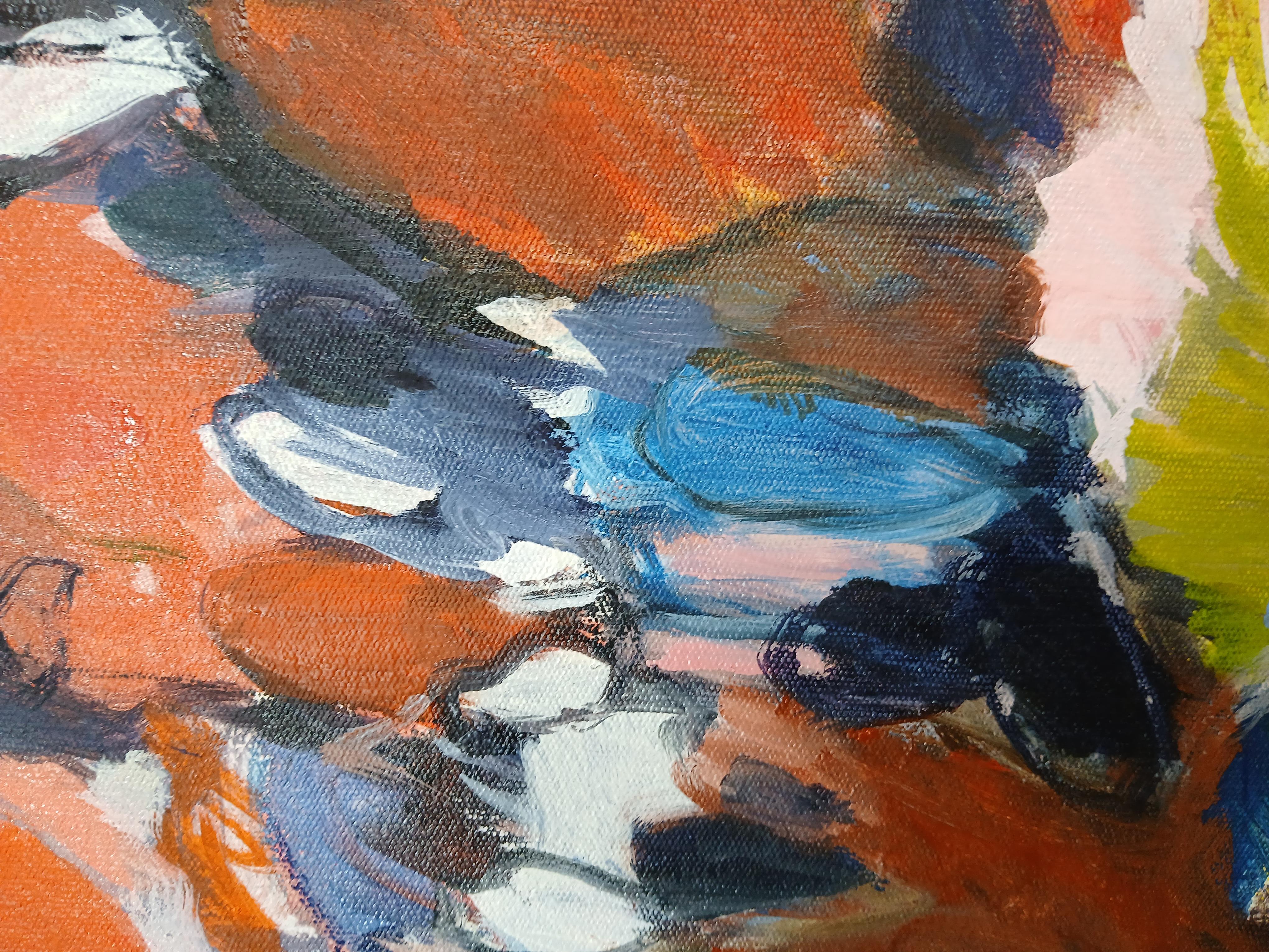 Large Colourful Abstract Oil on Canvas Floral Painting With Pastel Tones For Sale 4