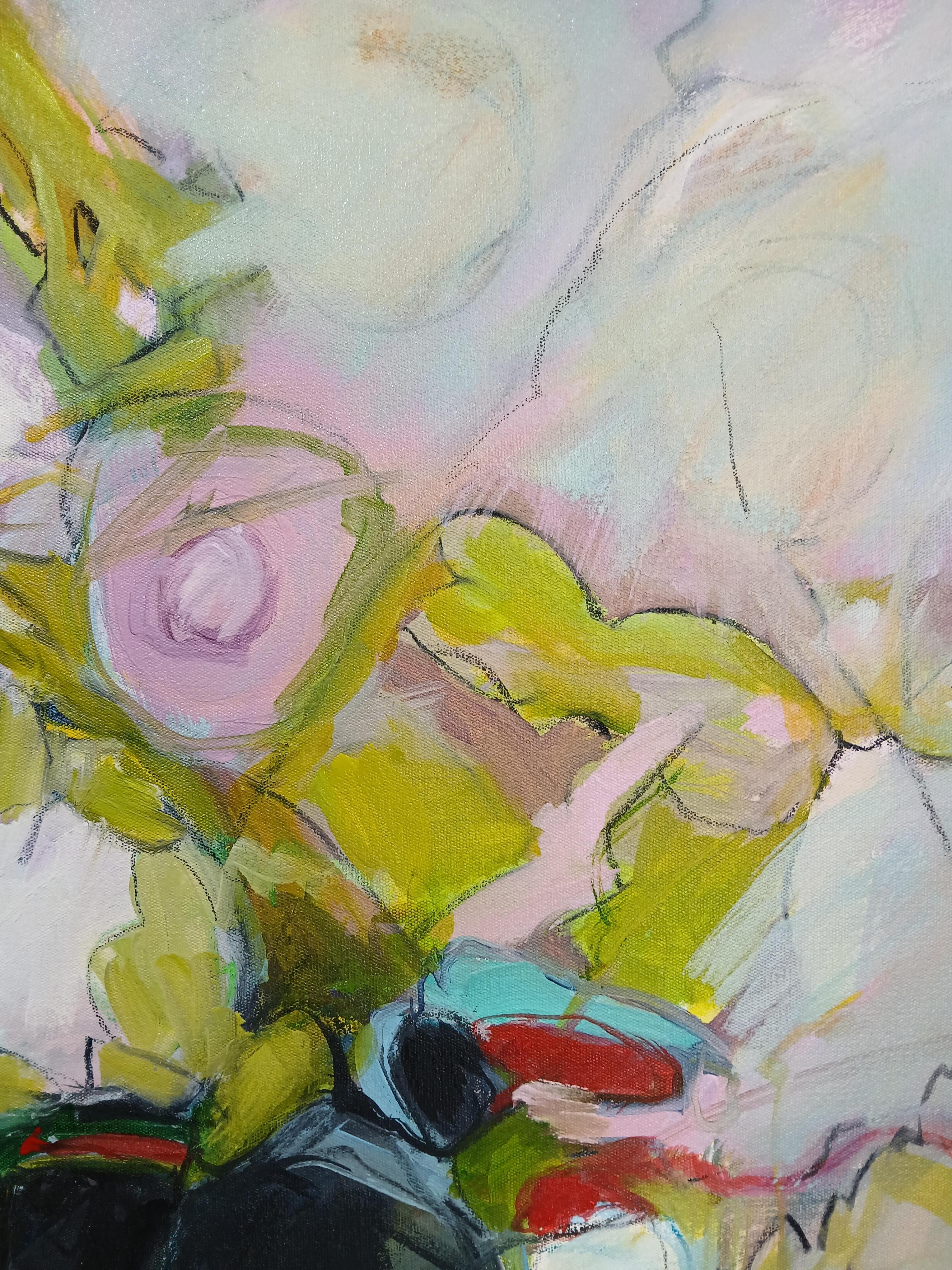 Grande peinture florale abstraite colorée à l'huile sur toile dans les tons pastel en vente 3