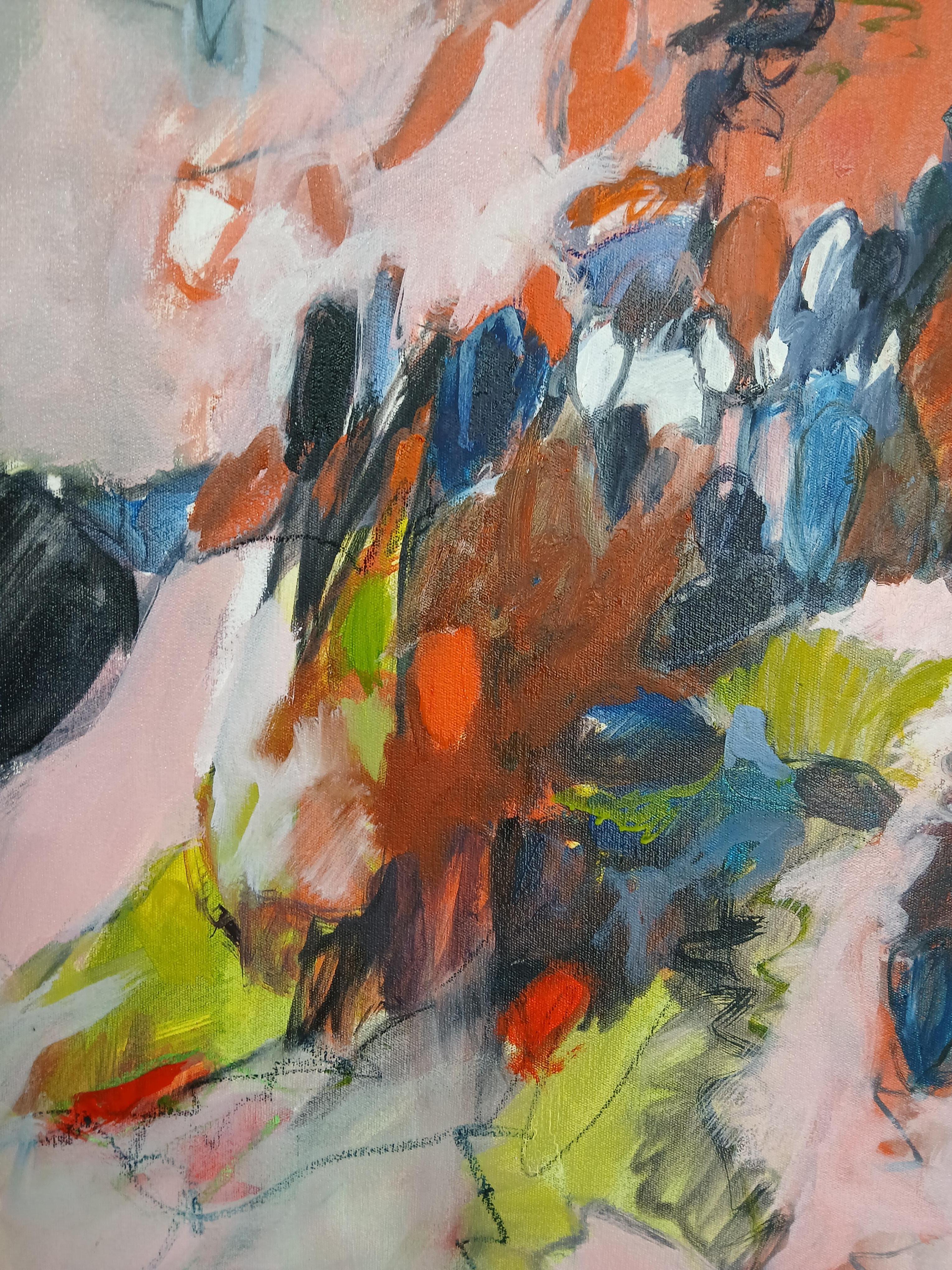 Grande peinture florale abstraite colorée à l'huile sur toile dans les tons pastel en vente 3
