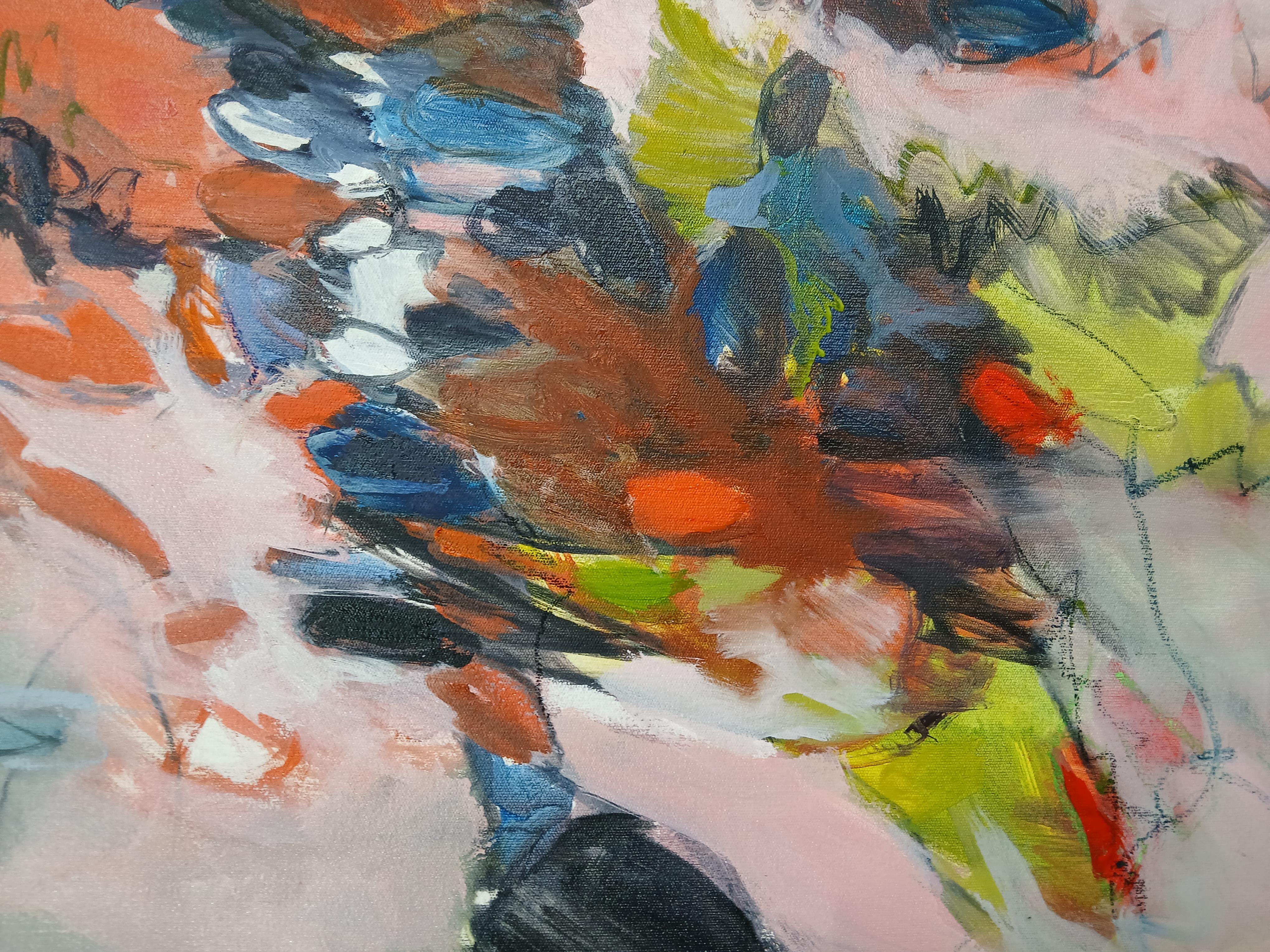 Large Colourful Abstract Oil on Canvas Floral Painting With Pastel Tones For Sale 5