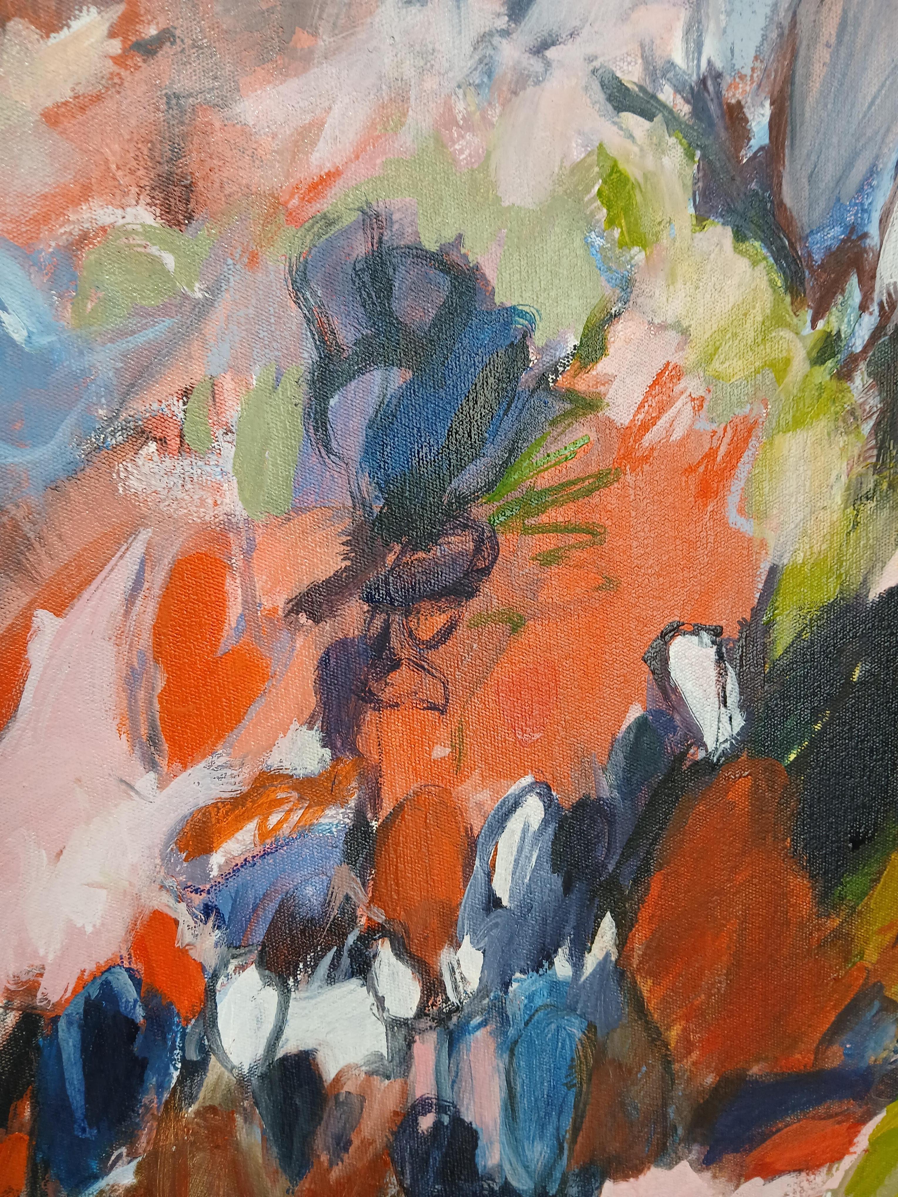 Grande peinture florale abstraite colorée à l'huile sur toile dans les tons pastel en vente 4