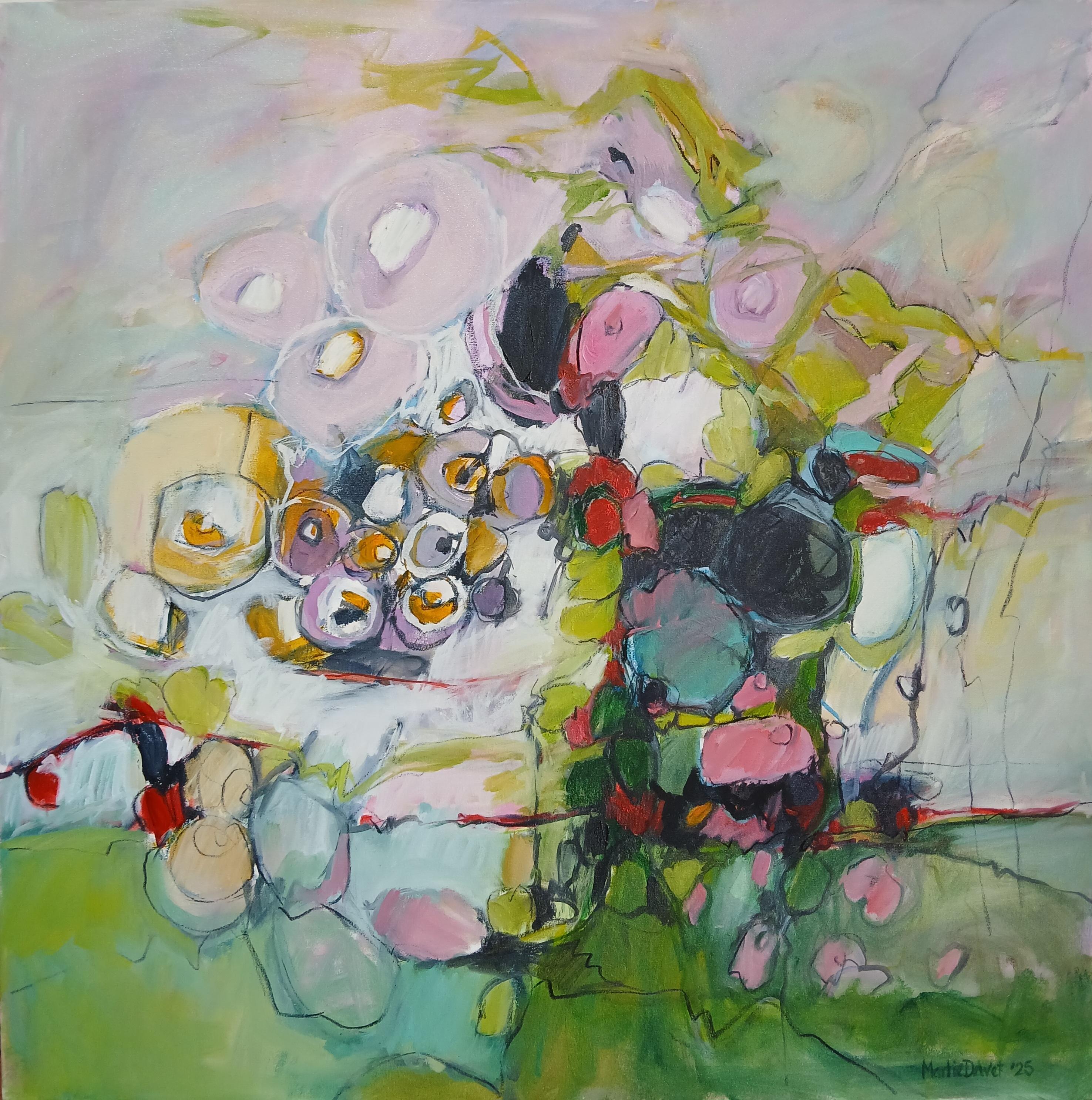 Large Colourful Abstract Oil on Canvas Floral Painting With Pastel Tones