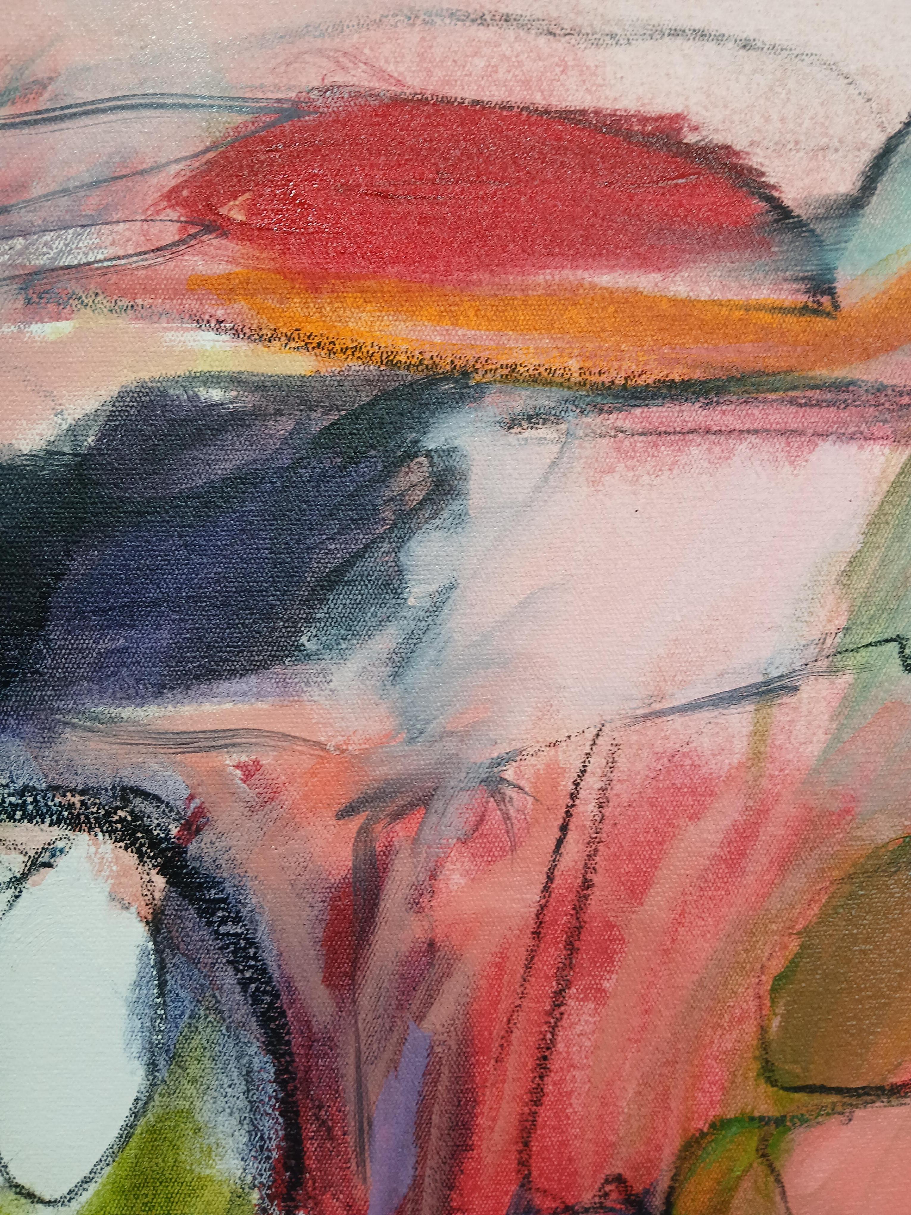 Grande peinture abstraite colorée à l'huile sur toile avec des tons floraux en vente 5