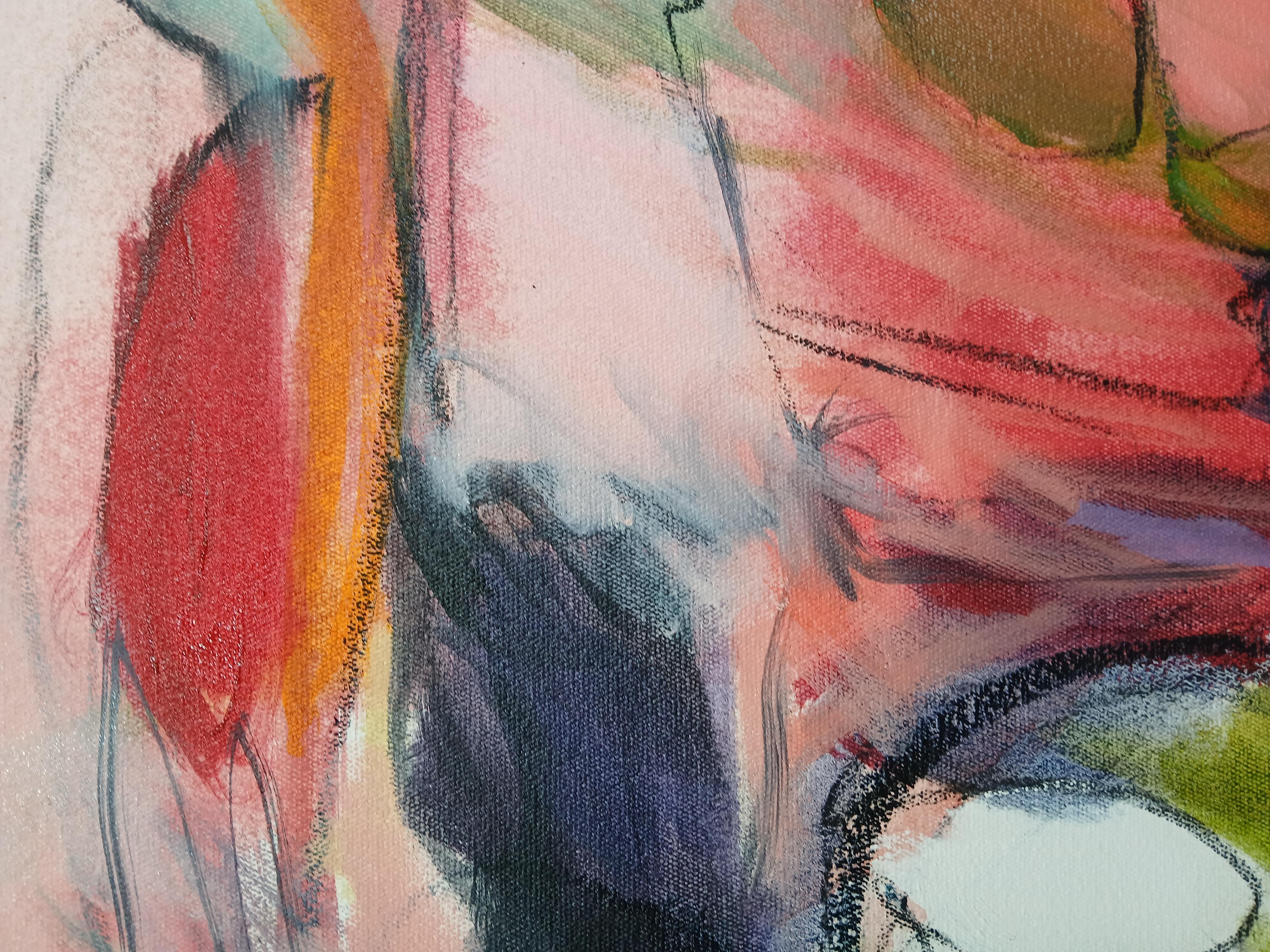 Large Colourful Abstract Oil on Canvas Painting With Floral Tones im Angebot 7