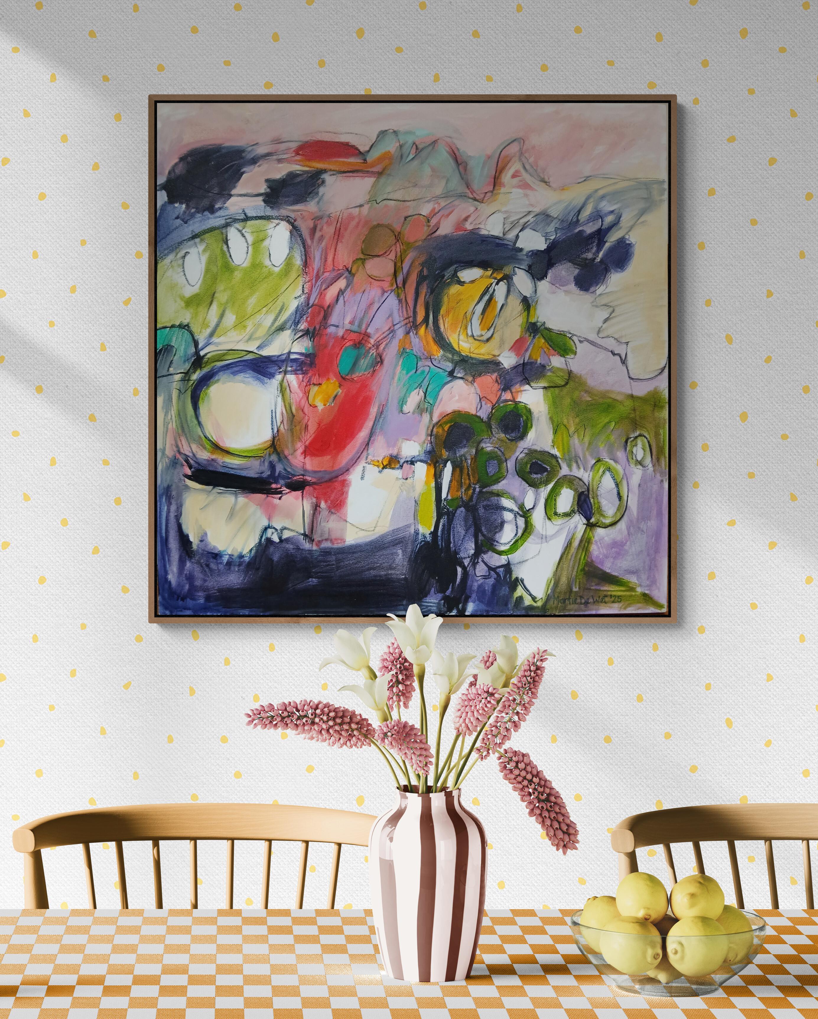 Large Colourful Abstract Oil on Canvas Painting With Floral Tones im Angebot 8