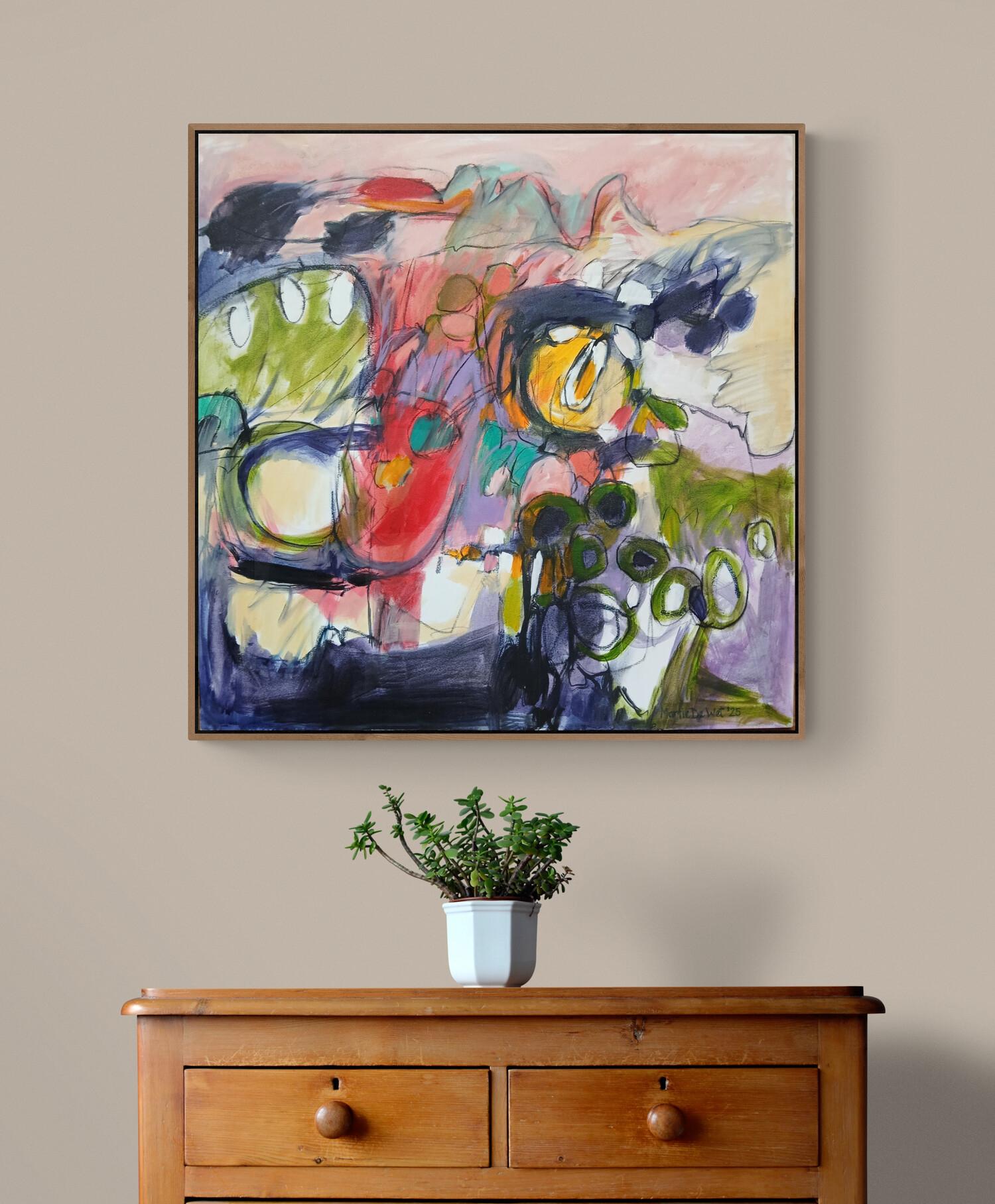 Large Colourful Abstract Oil on Canvas Painting With Floral Tones (Grau), Landscape Painting, von Martie de Wet