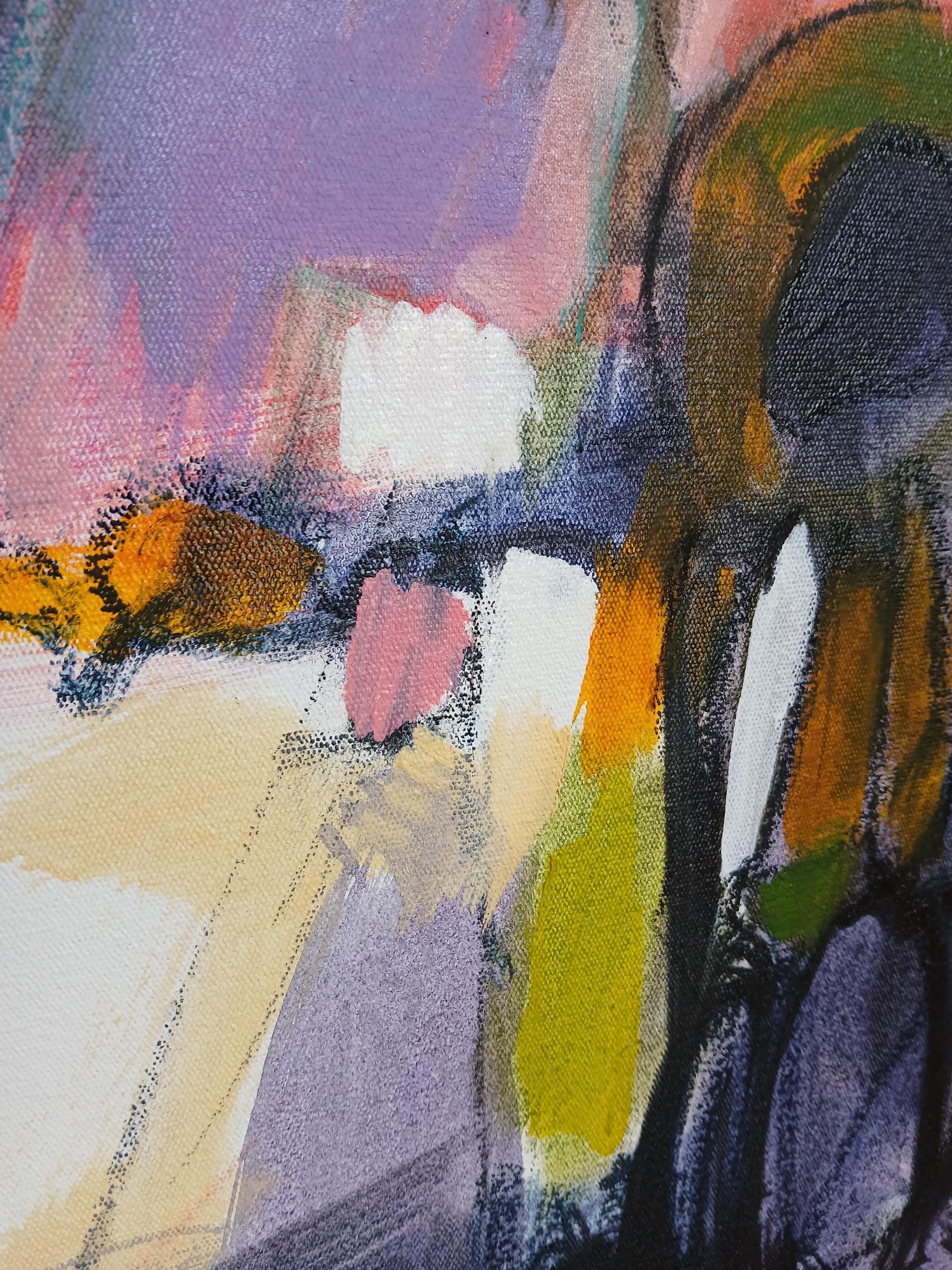 Grande peinture abstraite colorée à l'huile sur toile avec des tons floraux - Contemporain Painting par Martie de Wet