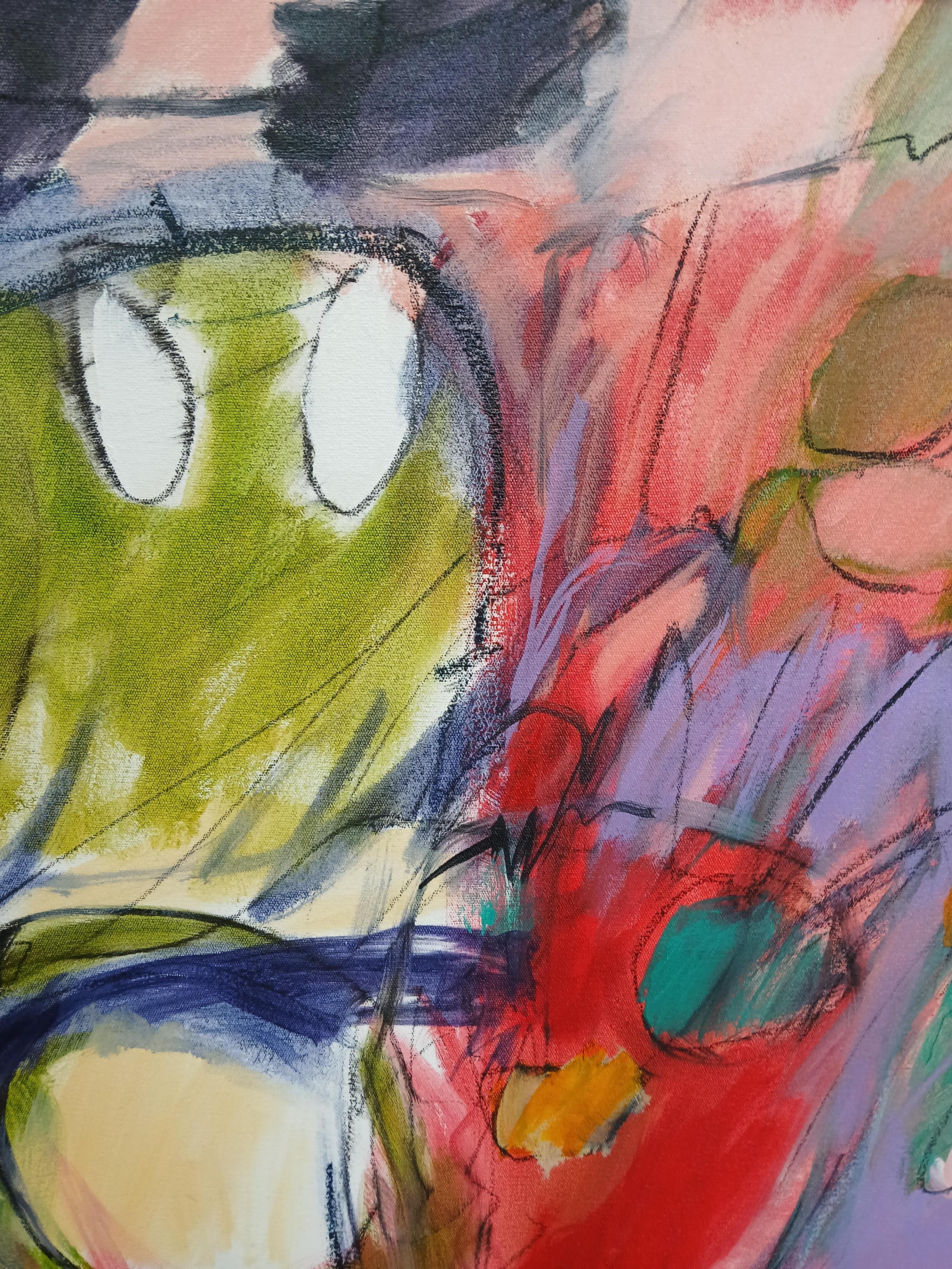 Grande peinture abstraite colorée à l'huile sur toile avec des tons floraux - Gris Landscape Painting par Martie de Wet