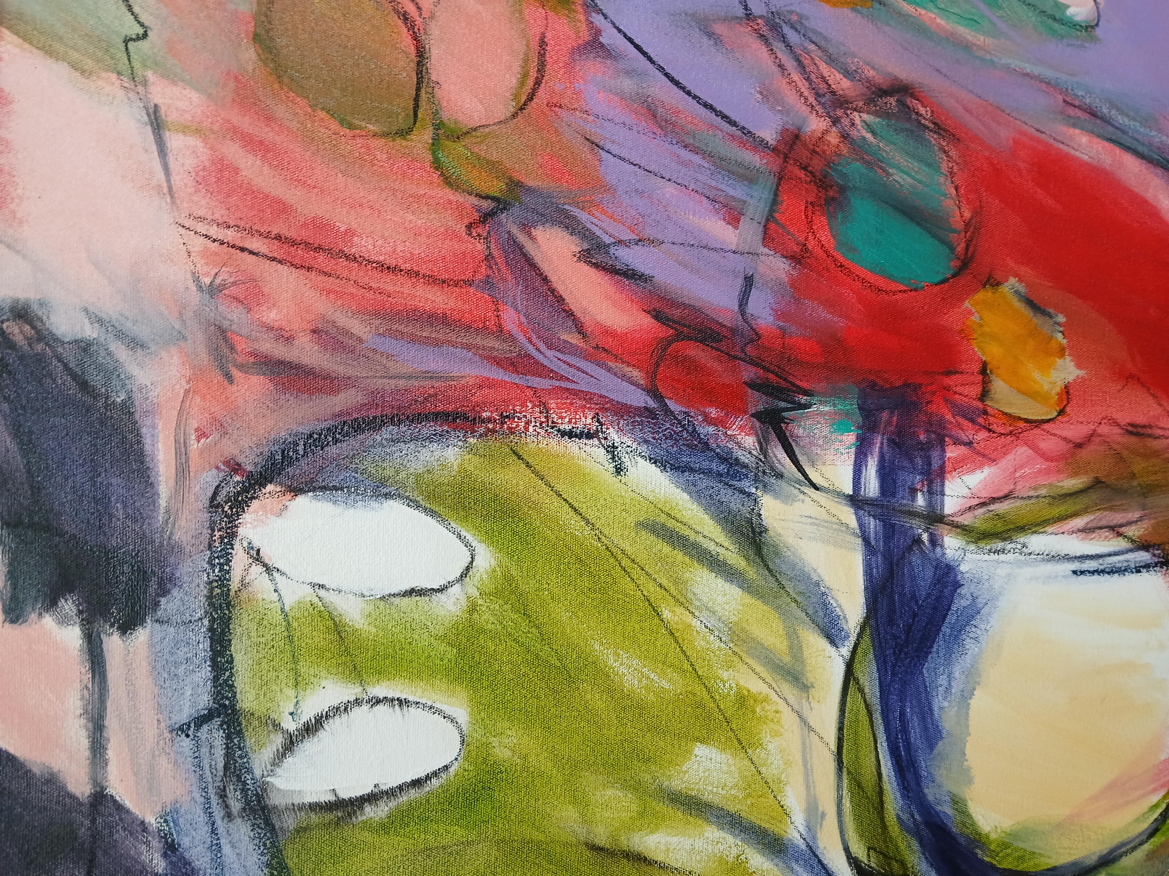 Large Colourful Abstract Oil on Canvas Painting With Floral Tones im Angebot 1