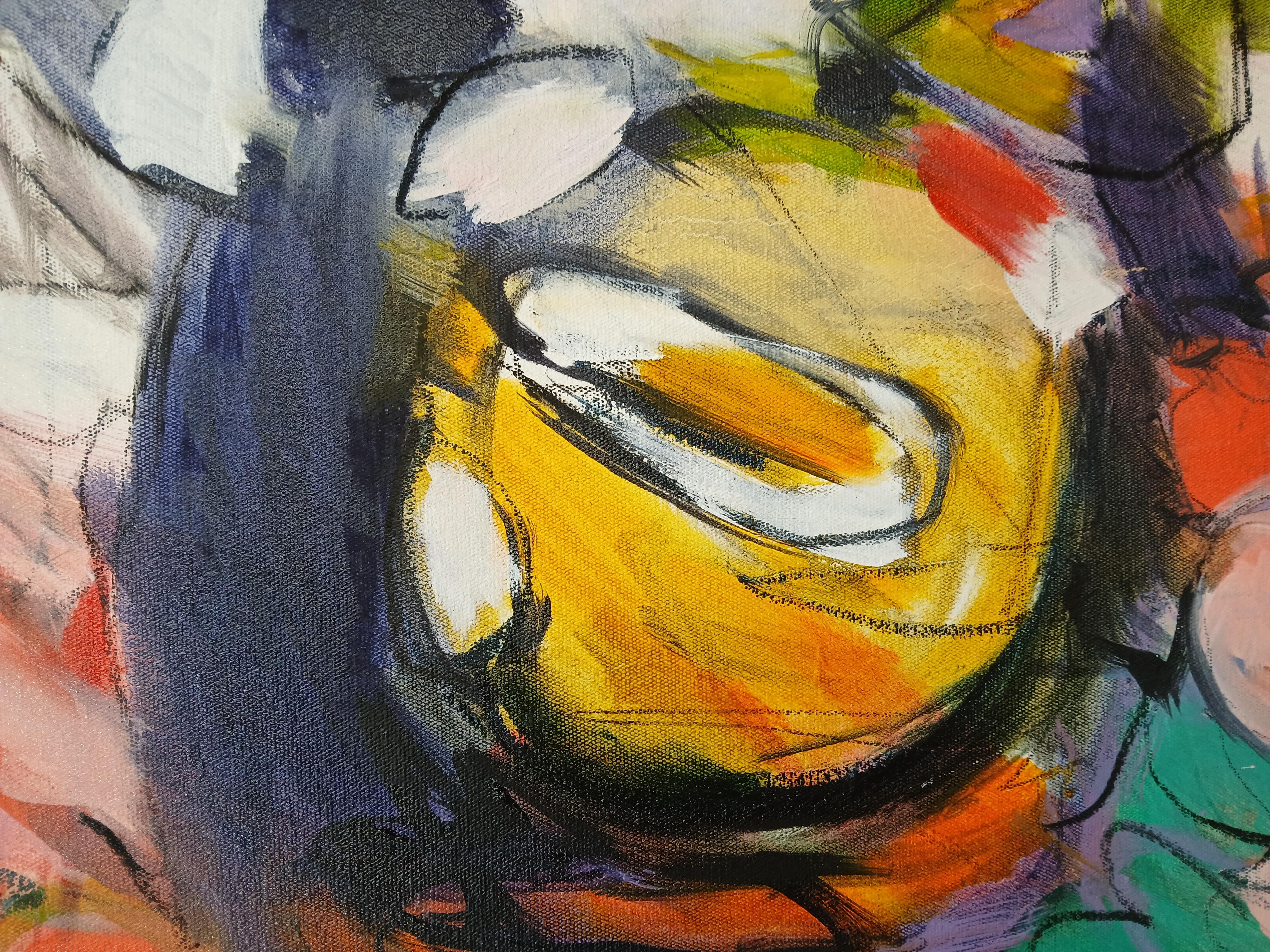 Large Colourful Abstract Oil on Canvas Painting With Floral Tones im Angebot 3
