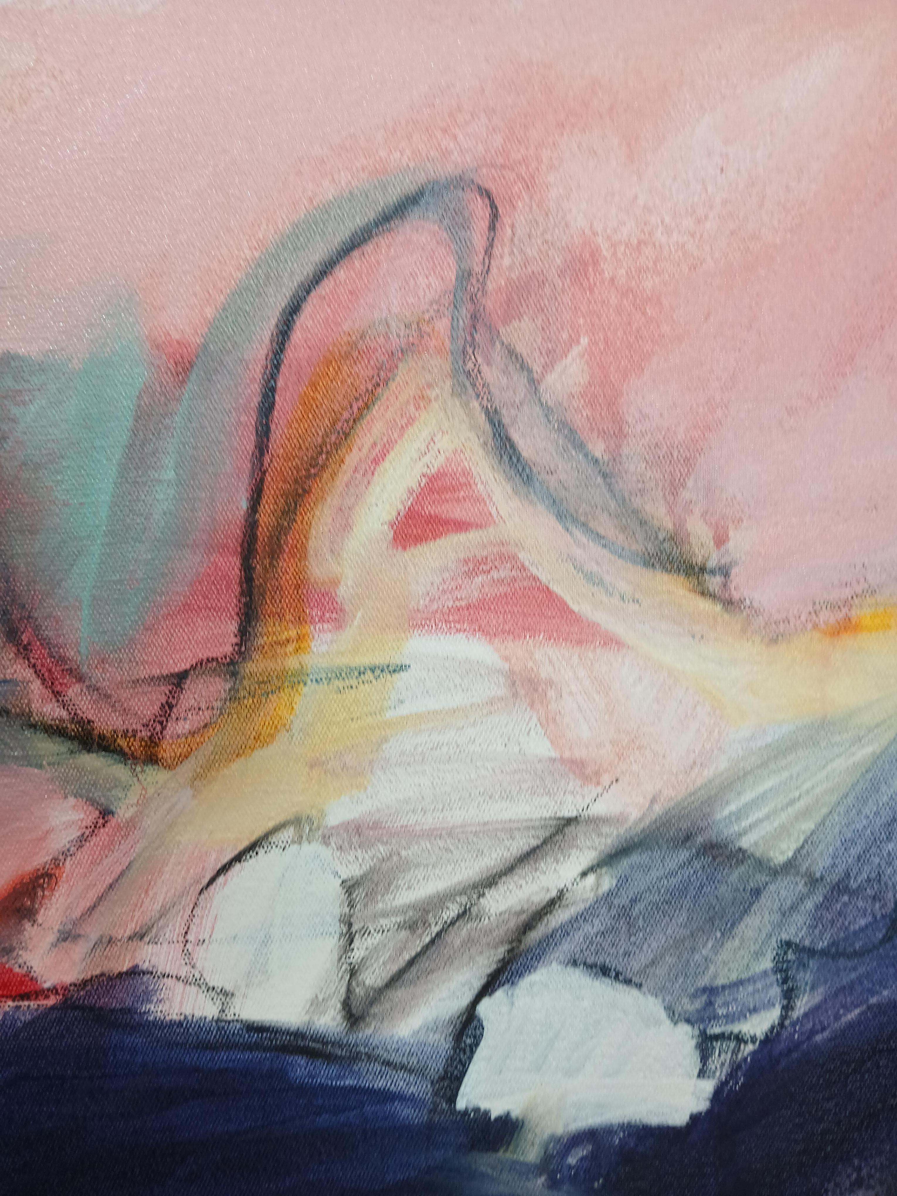 Grande peinture abstraite colorée à l'huile sur toile avec des tons floraux en vente 2