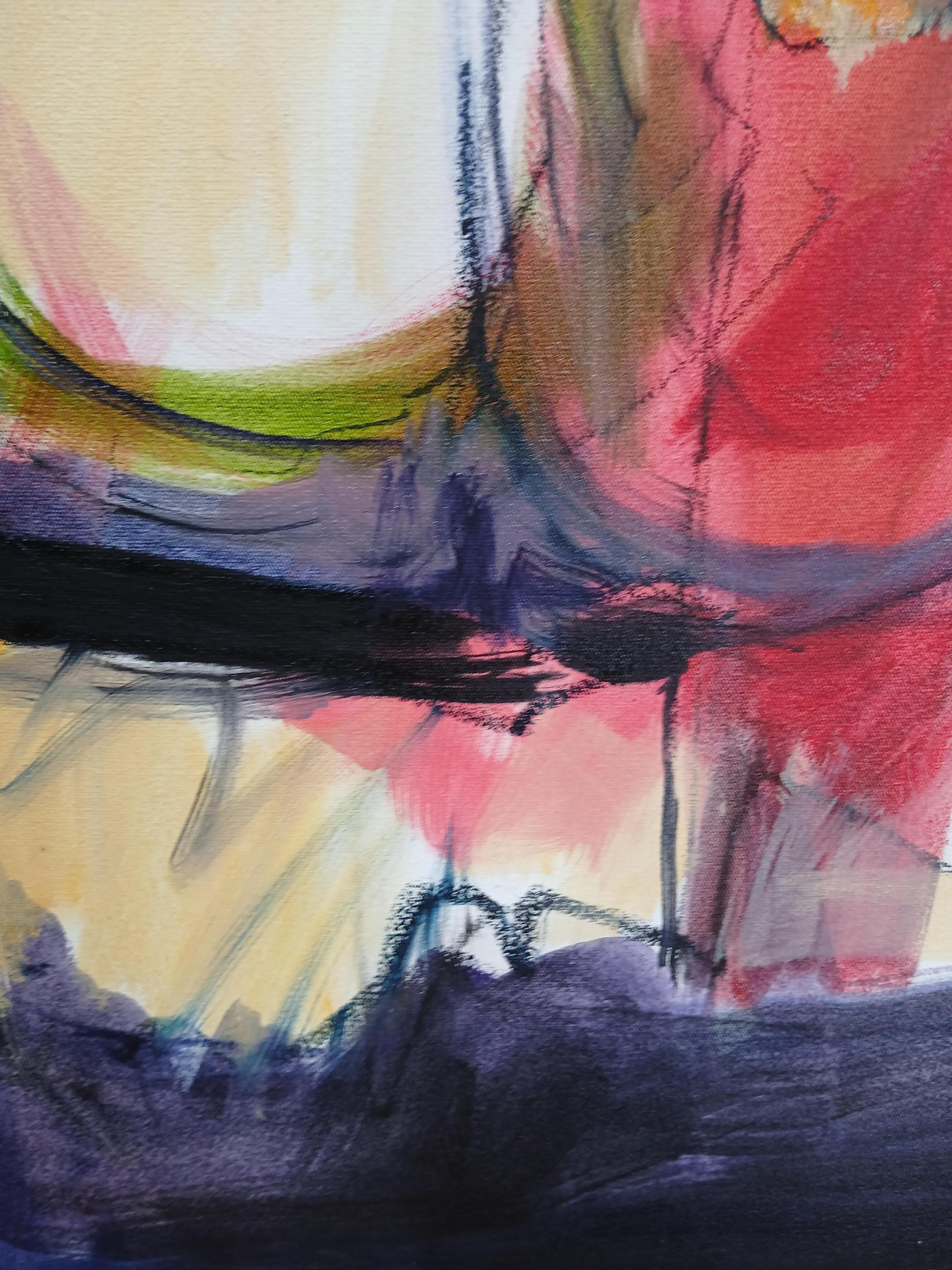 Grande peinture abstraite colorée à l'huile sur toile avec des tons floraux en vente 4