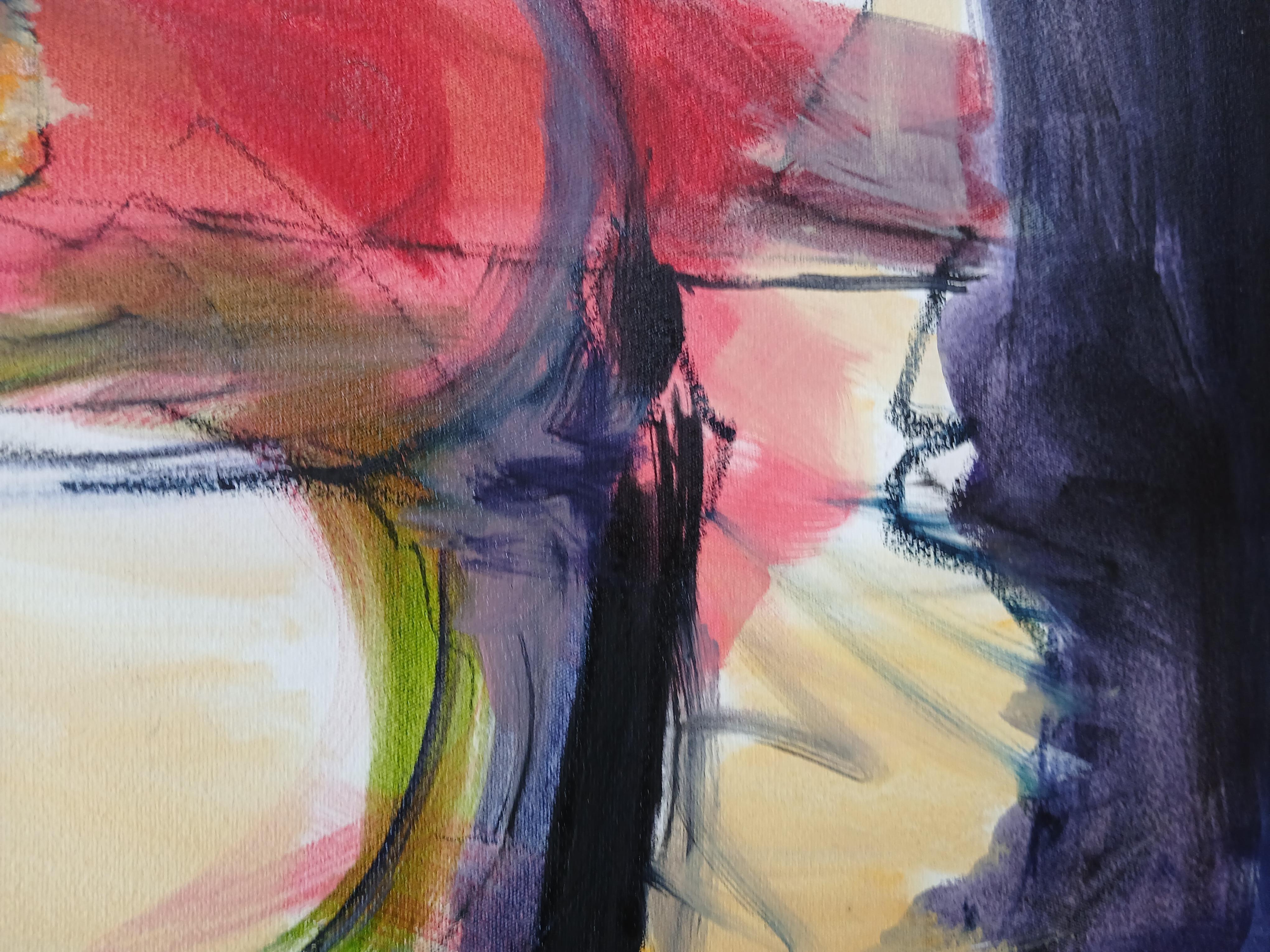 Large Colourful Abstract Oil on Canvas Painting With Floral Tones im Angebot 6
