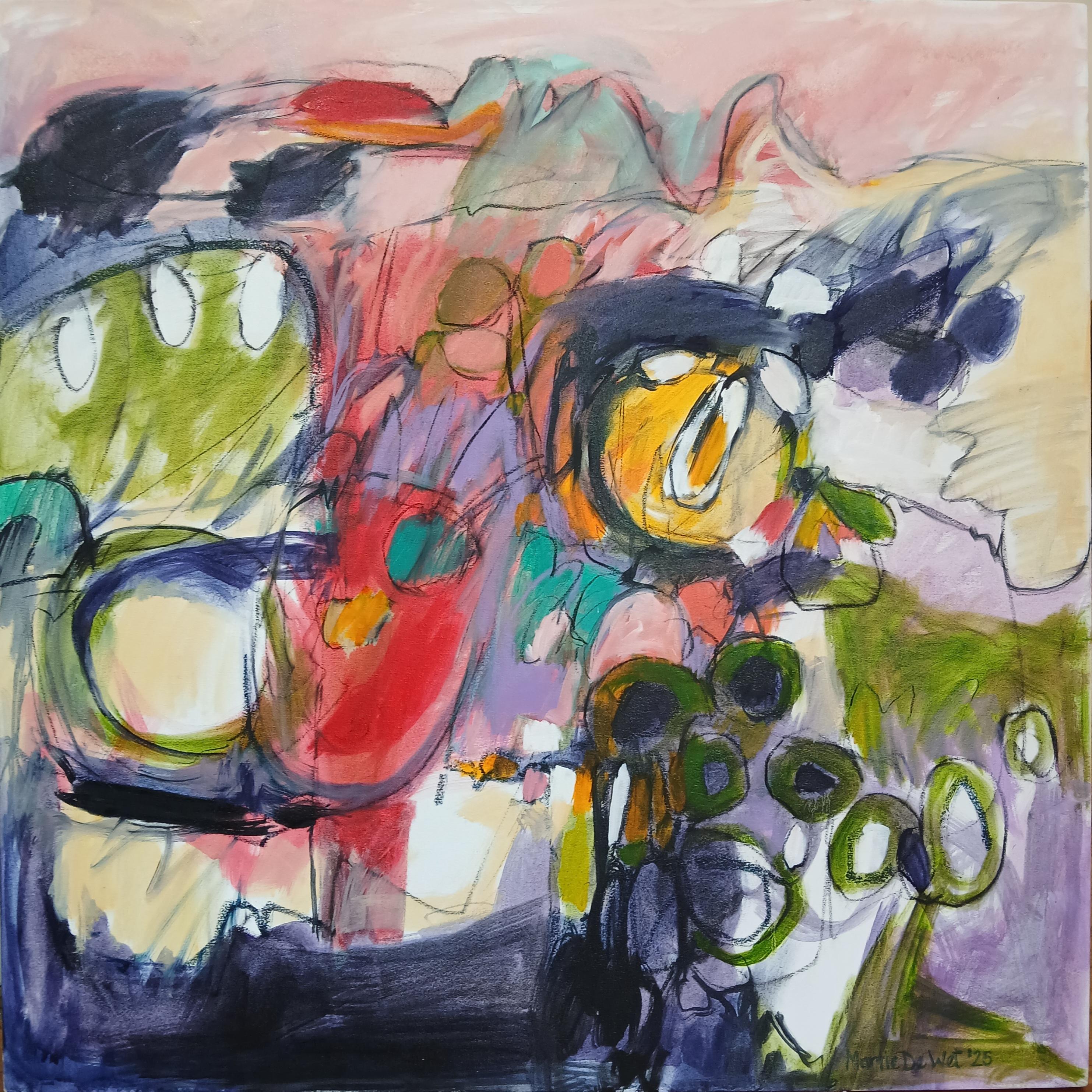 Martie de Wet Landscape Painting – Large Colourful Abstract Oil on Canvas Painting With Floral Tones