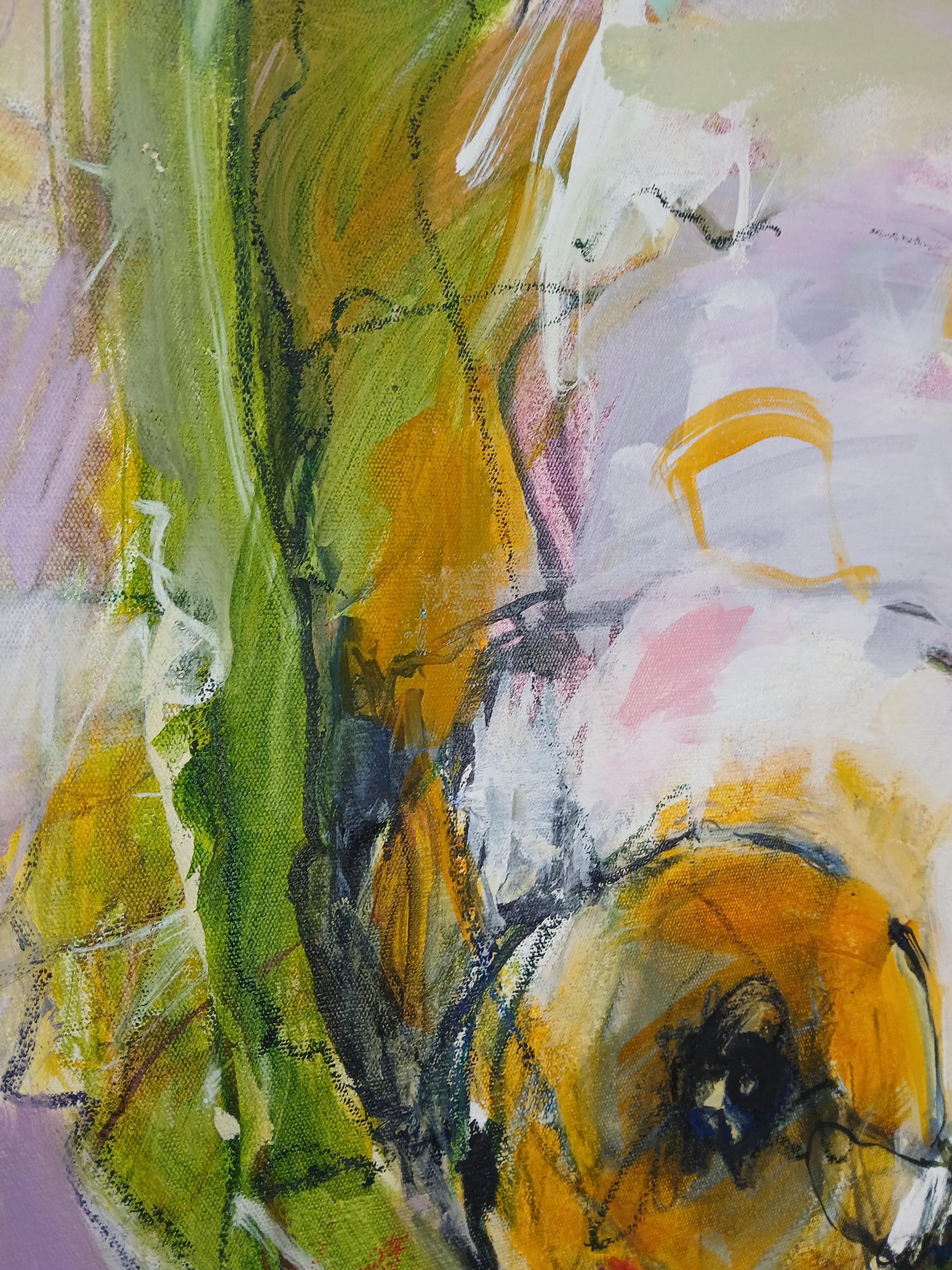 Cuadro abstracto grande y colorido al óleo sobre lienzo con tonos pastel en venta 5