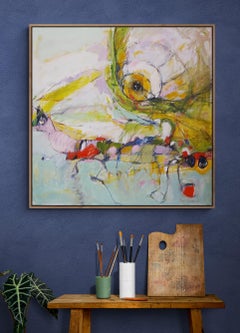 Cuadro abstracto grande y colorido al óleo sobre lienzo con tonos pastel