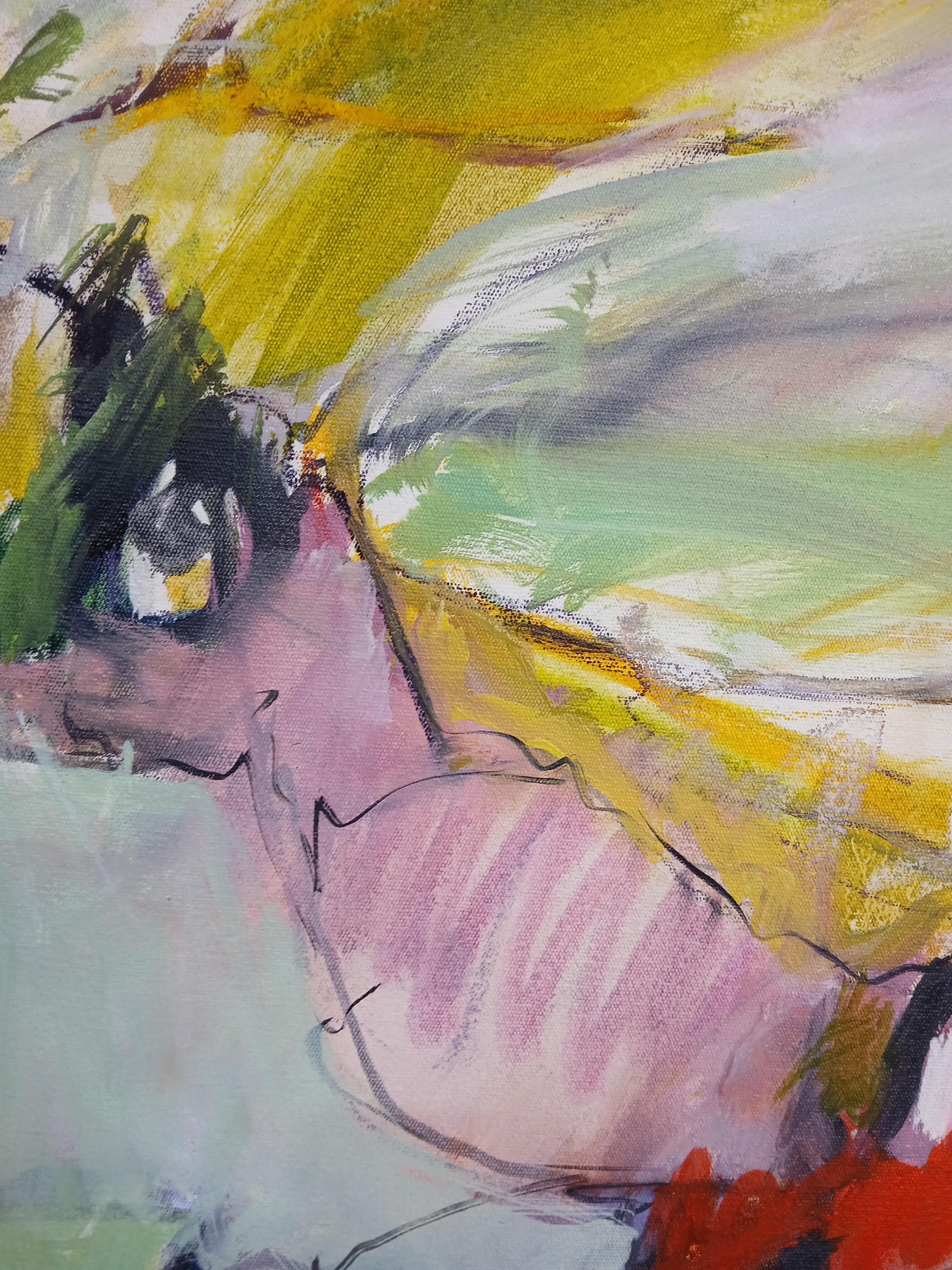 Cuadro abstracto grande y colorido al óleo sobre lienzo con tonos pastel - Painting Contemporáneo de Martie de Wet